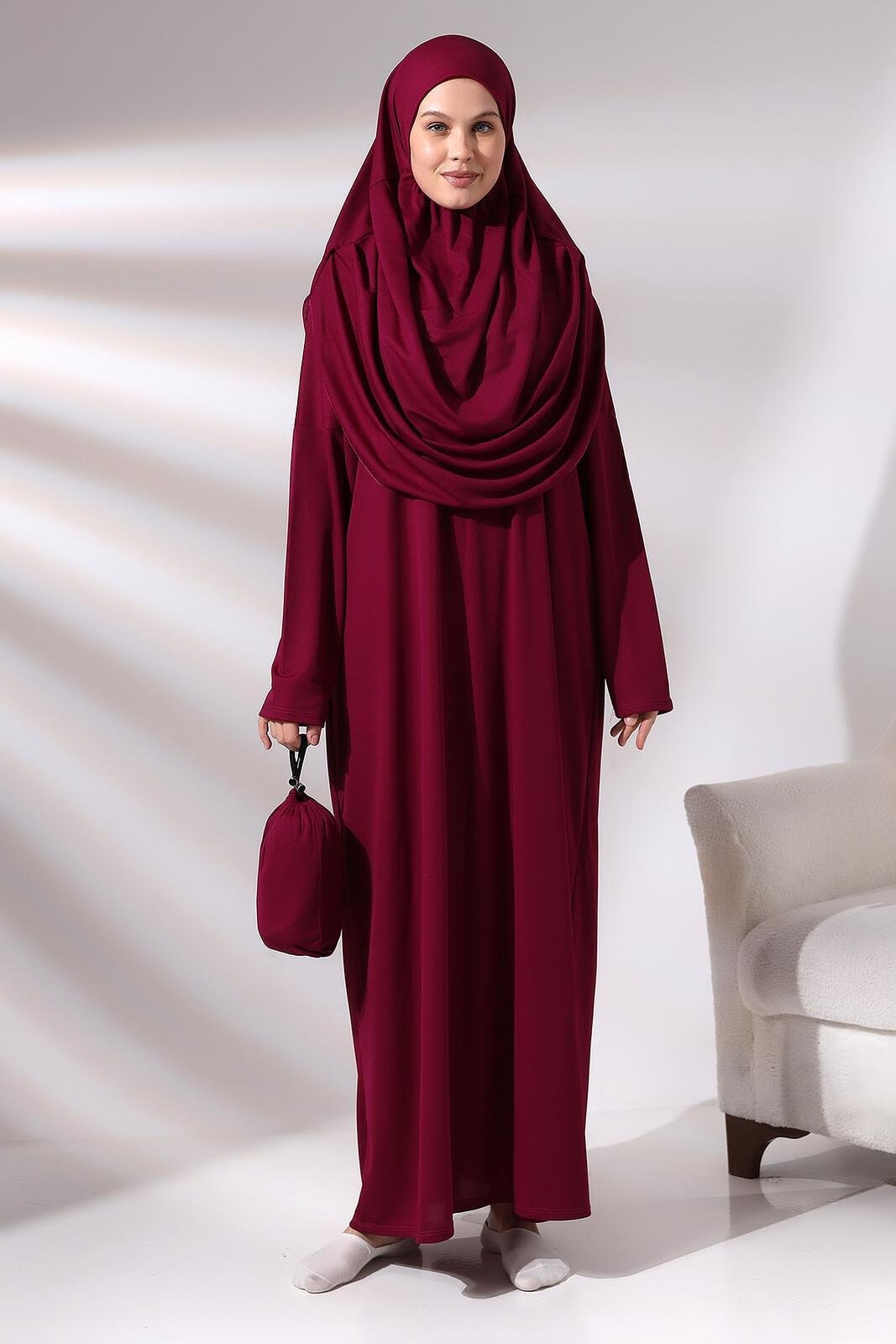 Tek Parça Namaz Elbisesi - Seccade - Tesbih - İbadet Seti - Fuşya