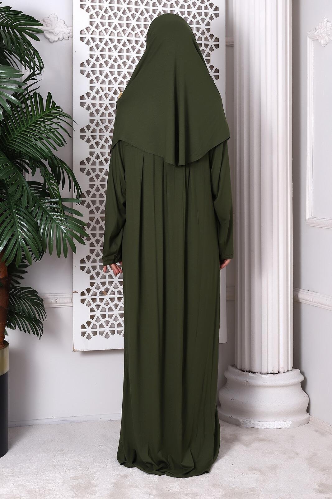 Tek Parça Pratik Başörtülü Robalı Namaz Elbisesi 8015 Haki
