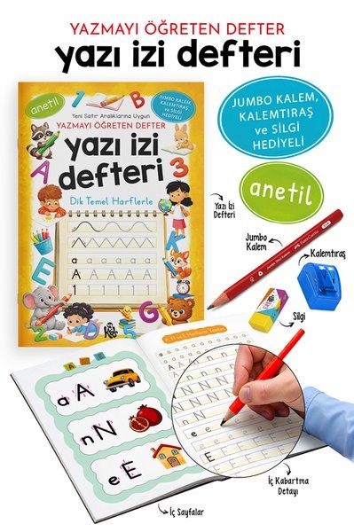 KolektifMalbücherYazı İzi Defteri - Yazmayı Öğreten Defter - Jumbo Kalem Kalemtıraş ve Silgi Hediyeli