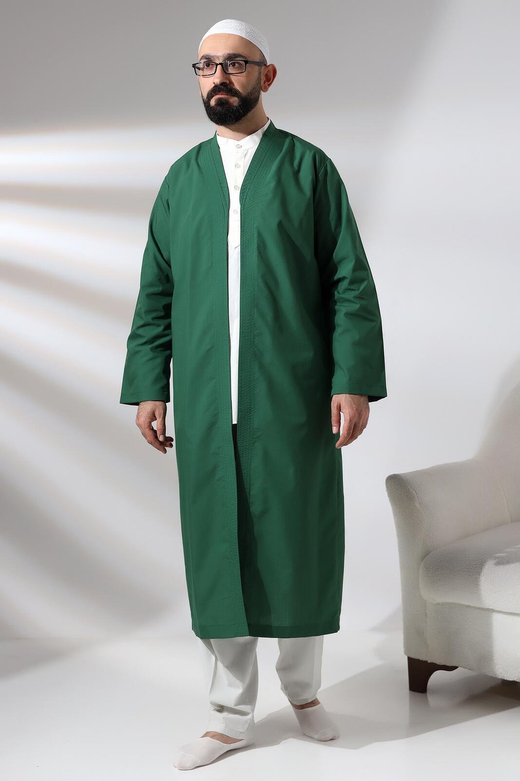 Yeşil Erkek Namaz Elbisesi V Yaka Düğmesiz Önü Açık Namaz Cübbesi