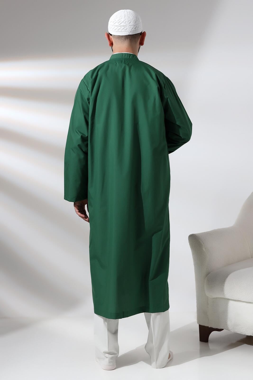 Yeşil Erkek Namaz Elbisesi V Yaka Düğmesiz Önü Açık Namaz Cübbesi