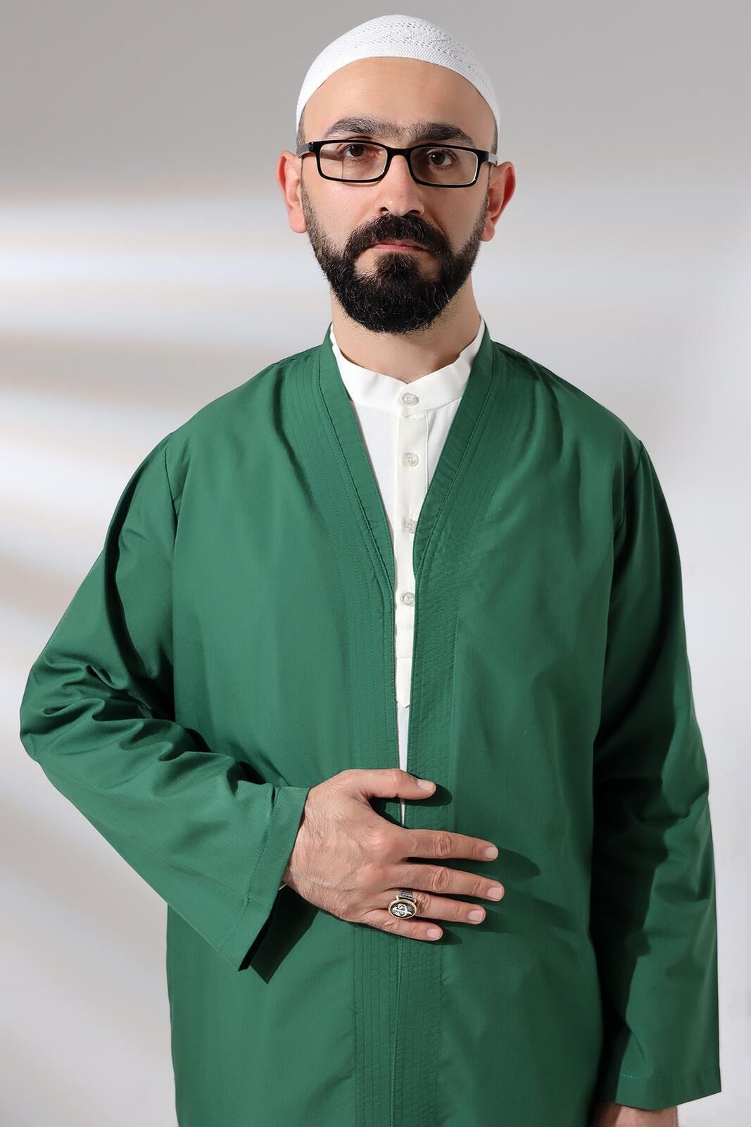 Yeşil Erkek Namaz Elbisesi V Yaka Düğmesiz Önü Açık Namaz Cübbesi