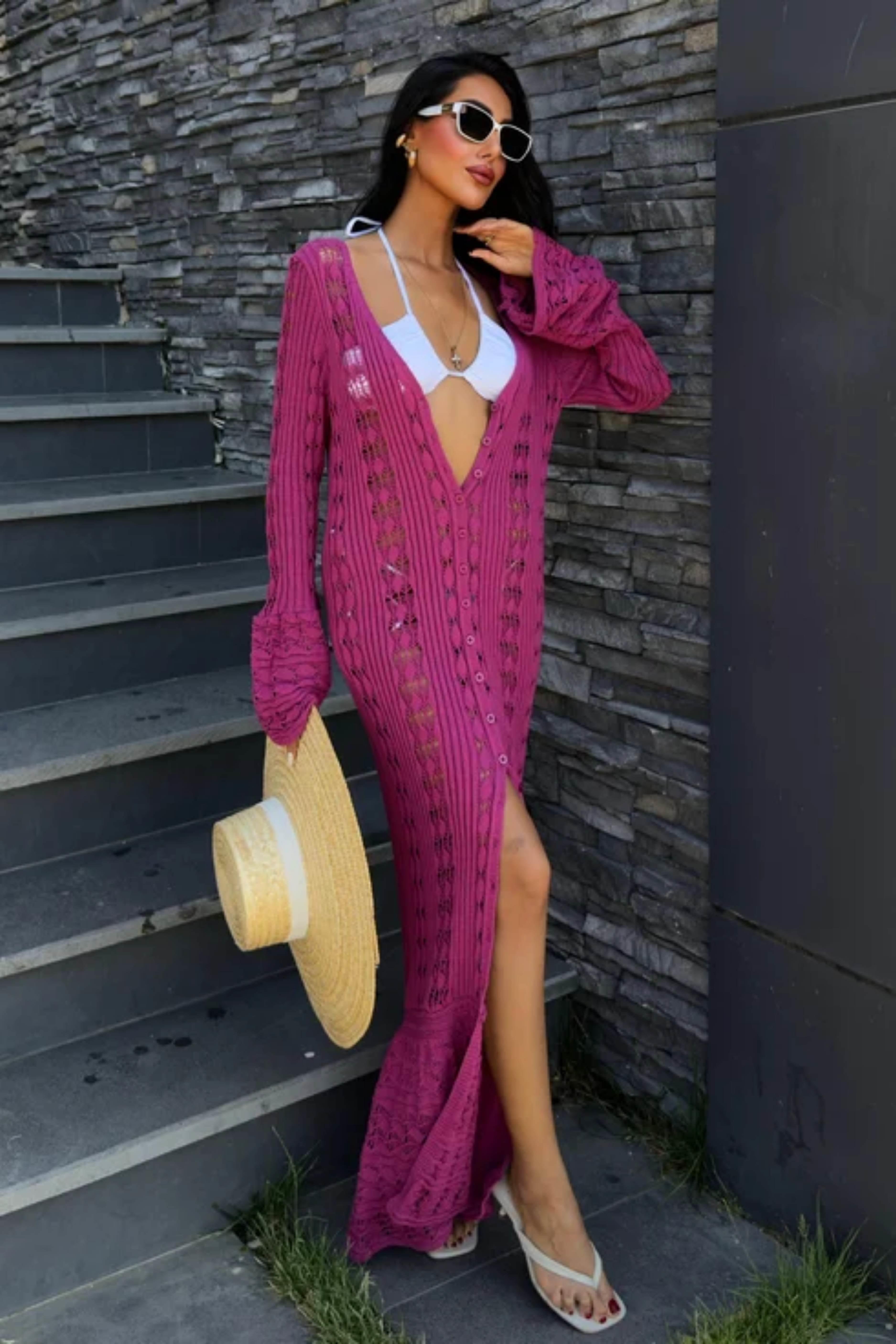 Ajur Uzun Düğmeli Triko Hırka 5181 R2-C-K5