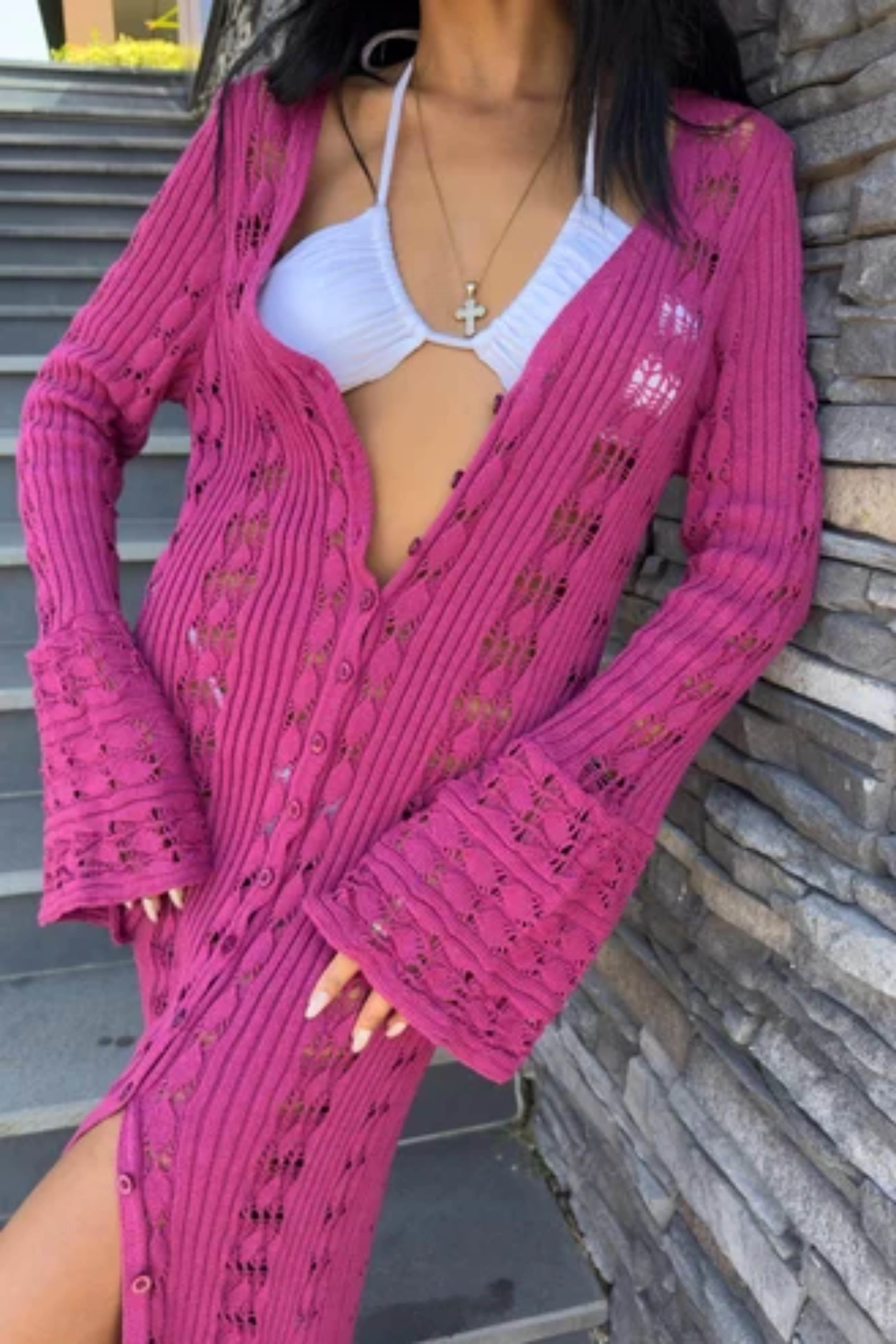 Ajur Uzun Düğmeli Triko Hırka 5181 R2-C-K5