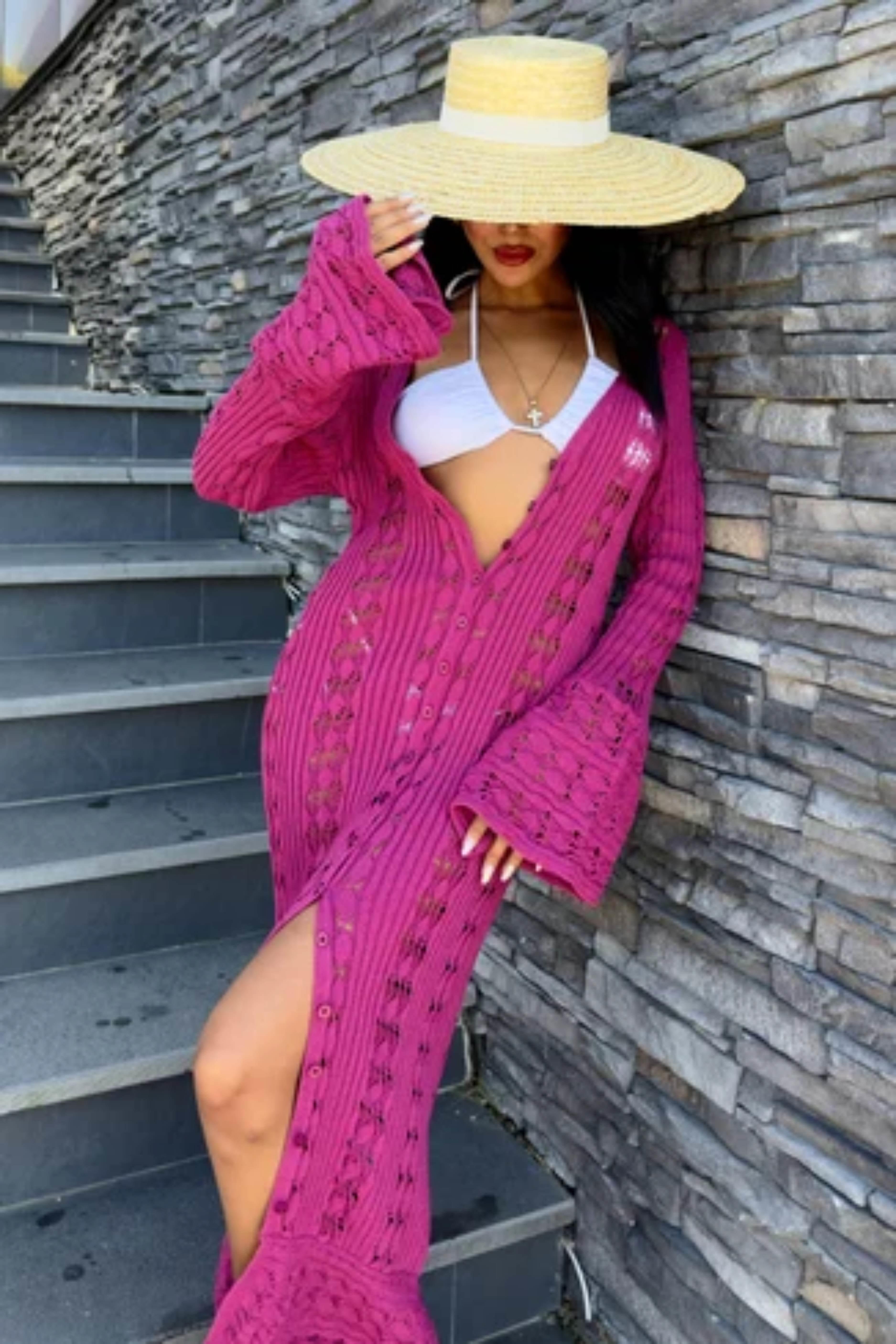 Ajur Uzun Düğmeli Triko Hırka 5181 R2-C-K5