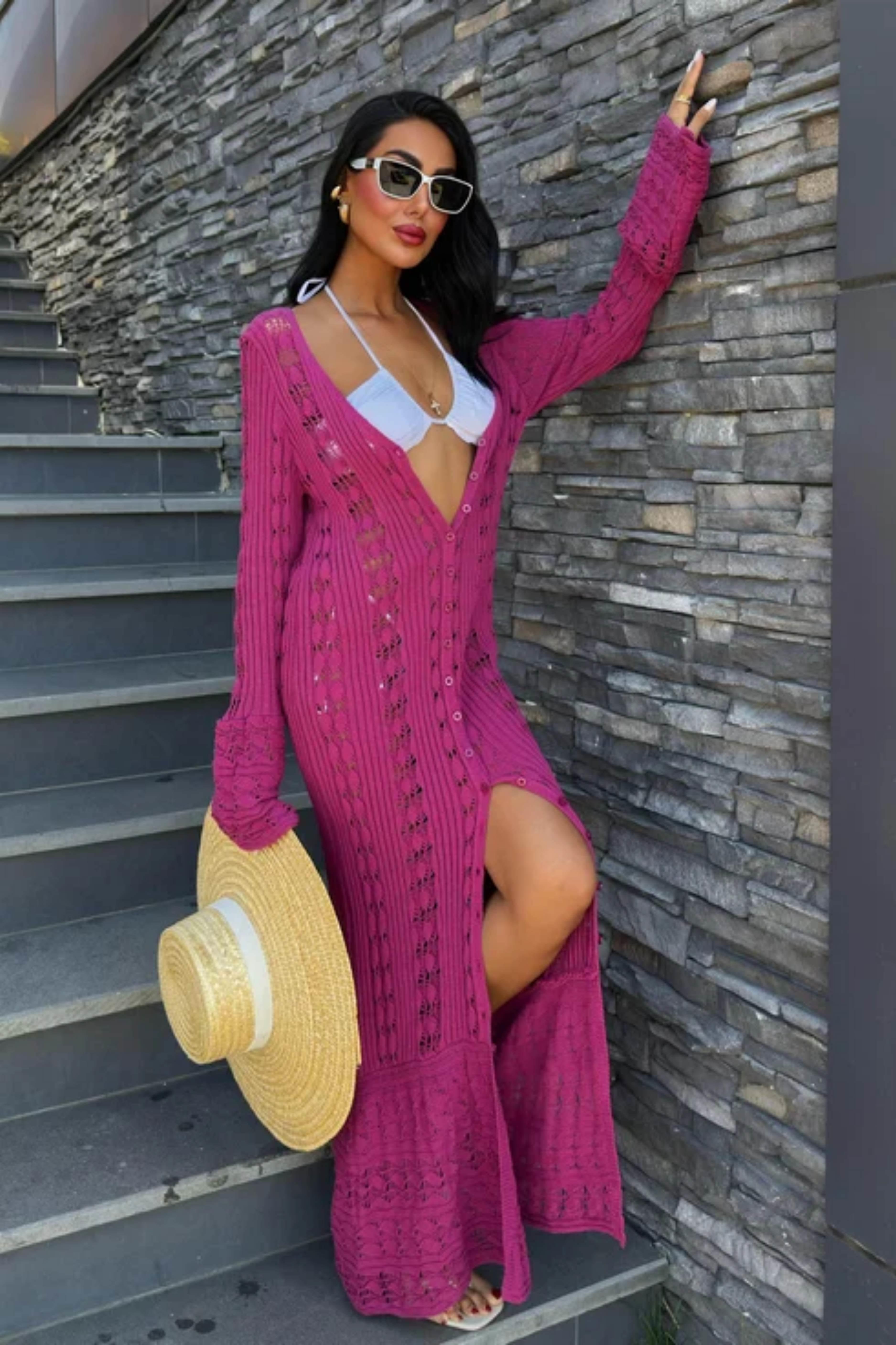 Ajur Uzun Düğmeli Triko Hırka 5181 R2-C-K5