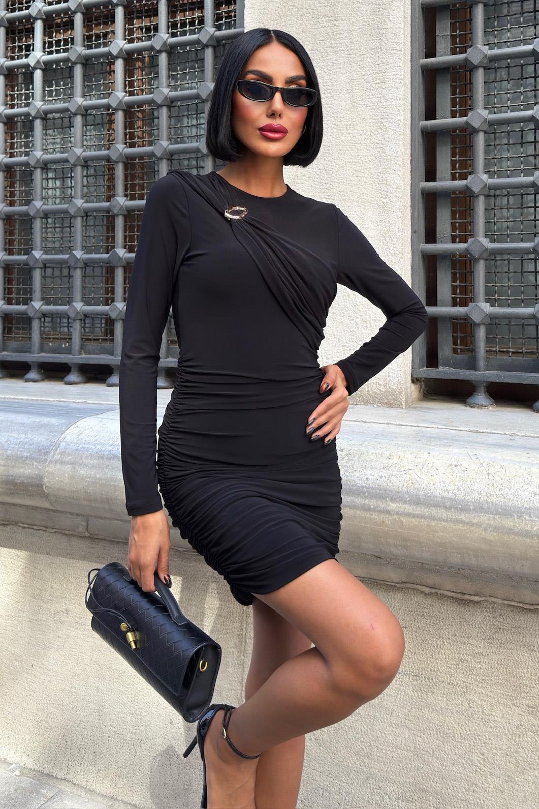 Aksesuar Detaylı ve Büzgülü Slim Elbise 2913 R6-F-K4