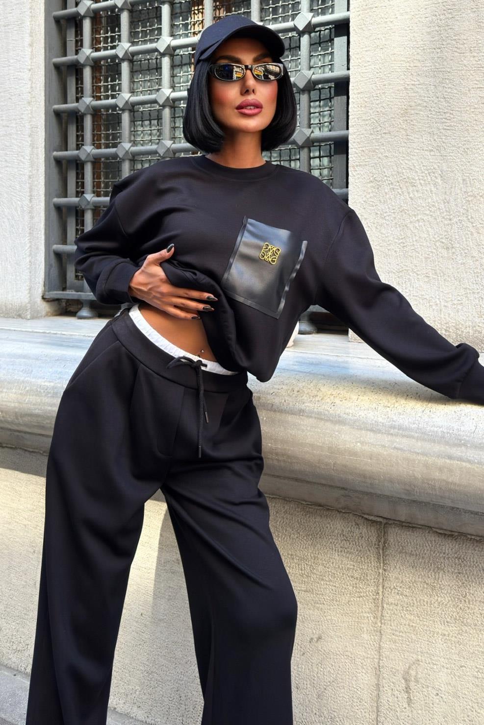 Aksesuarlı Deri Detaylı Şerit Pantolonlu Modal Takım 10241 R4-A-K1