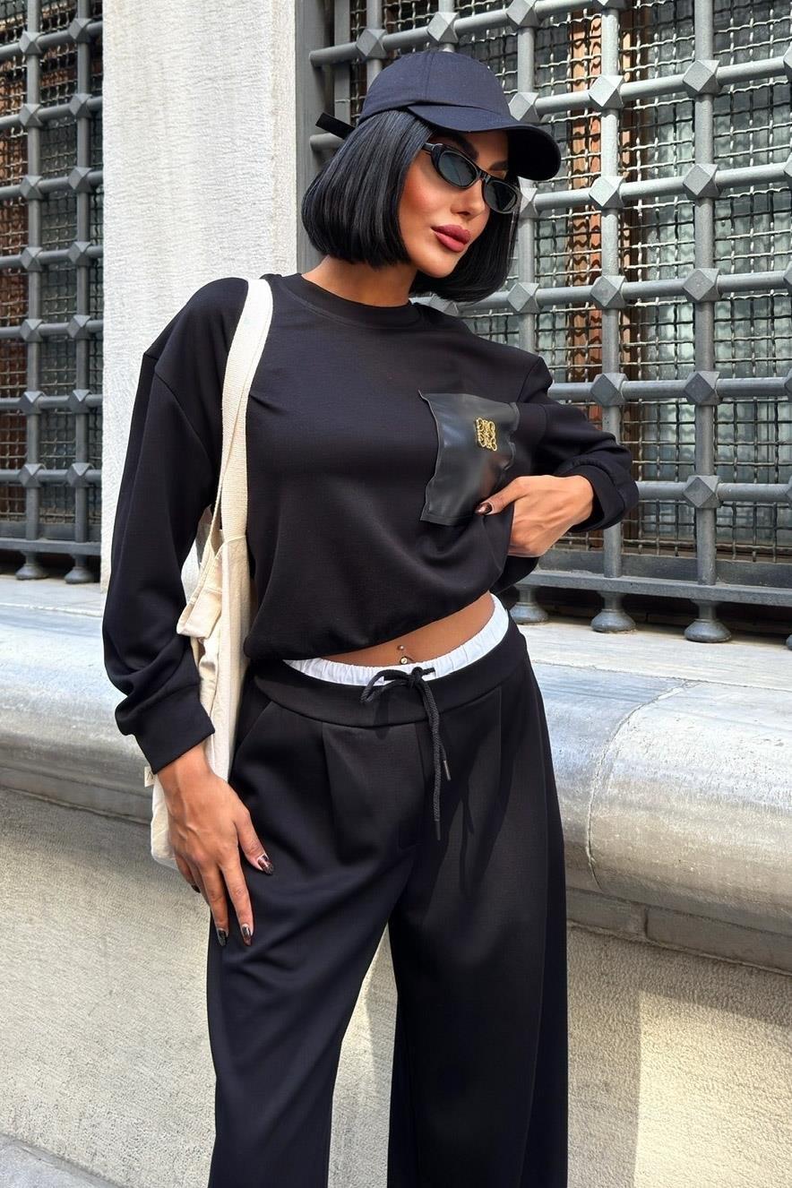 Aksesuarlı Deri Detaylı Şerit Pantolonlu Modal Takım 10241 R4-A-K1