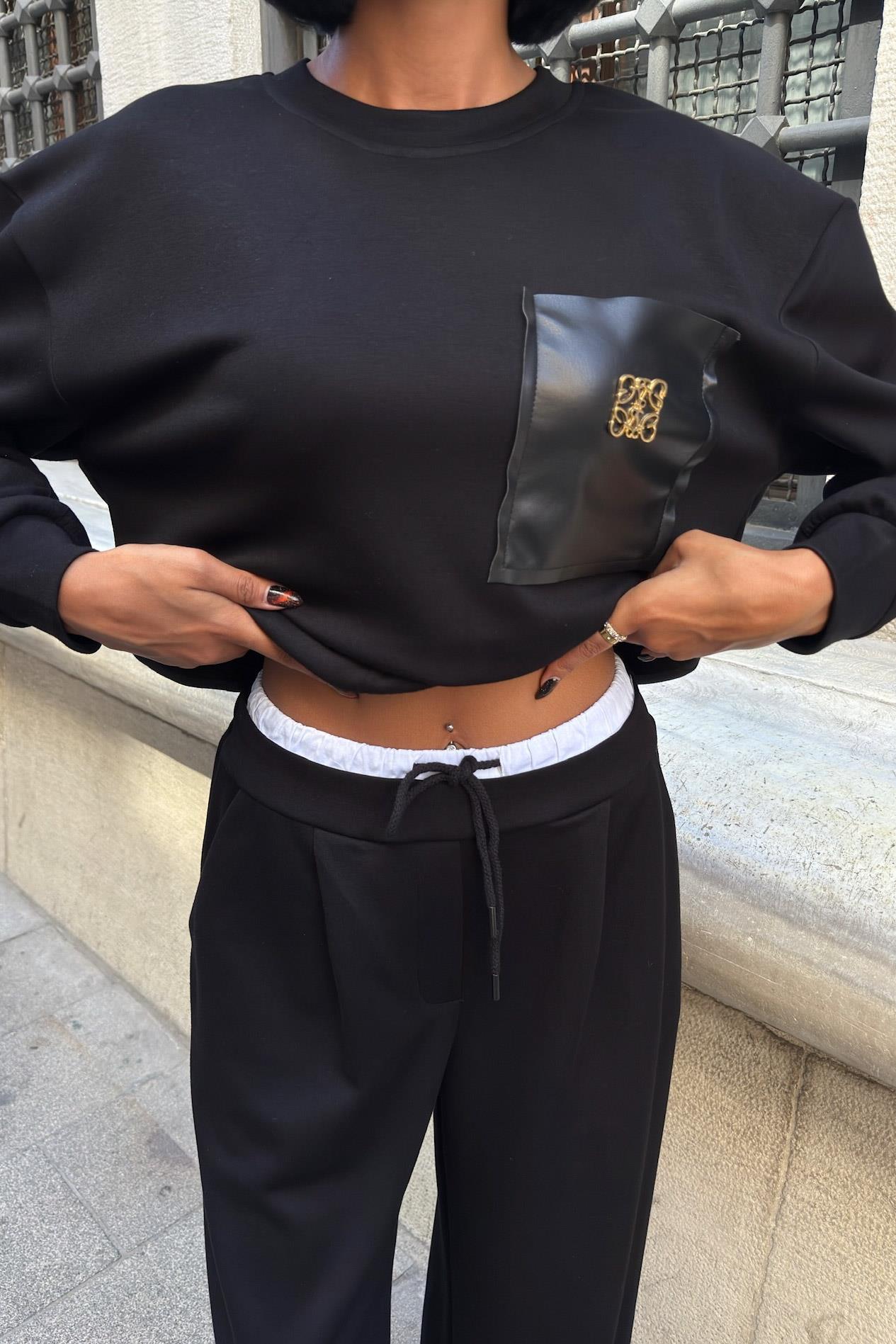 Aksesuarlı Deri Detaylı Şerit Pantolonlu Modal Takım 10241 R4-A-K1