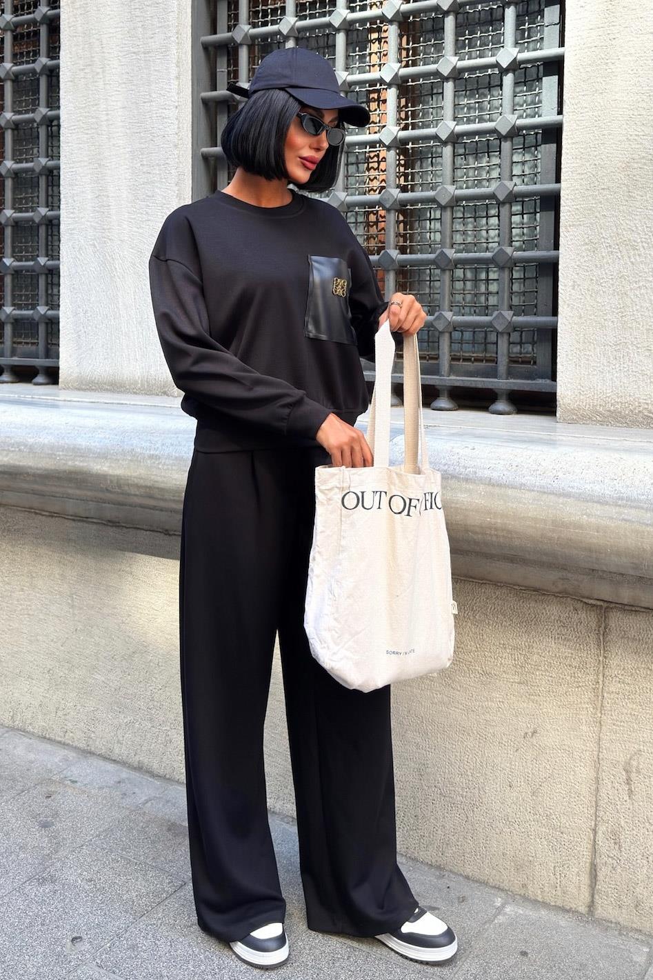 Aksesuarlı Deri Detaylı Şerit Pantolonlu Modal Takım 10241 R4-A-K1