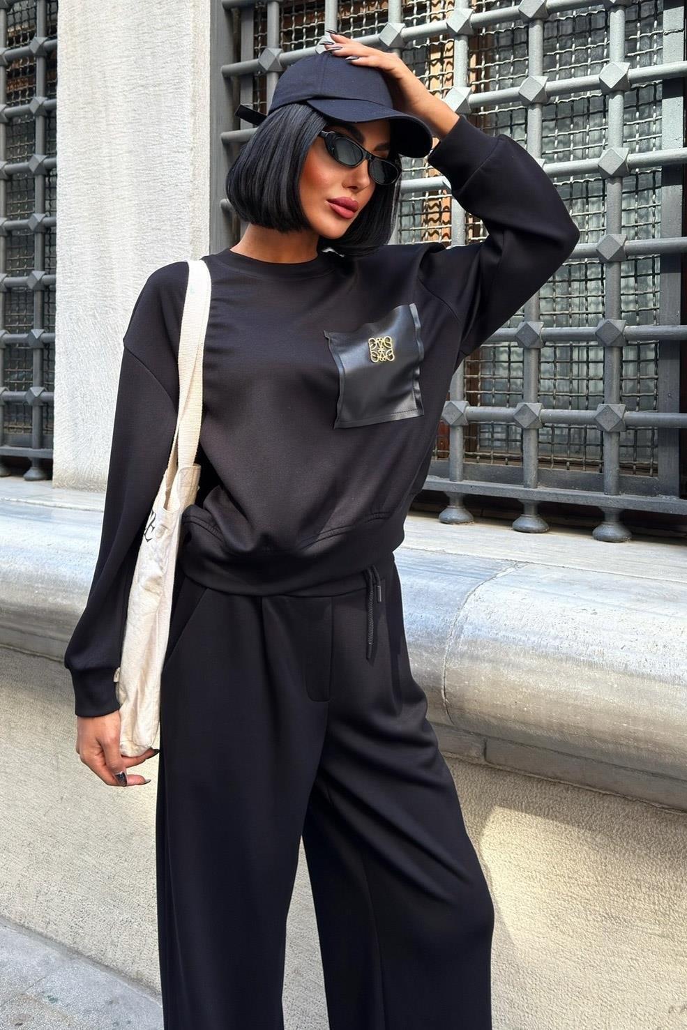 Aksesuarlı Deri Detaylı Şerit Pantolonlu Modal Takım 10241 R4-A-K1