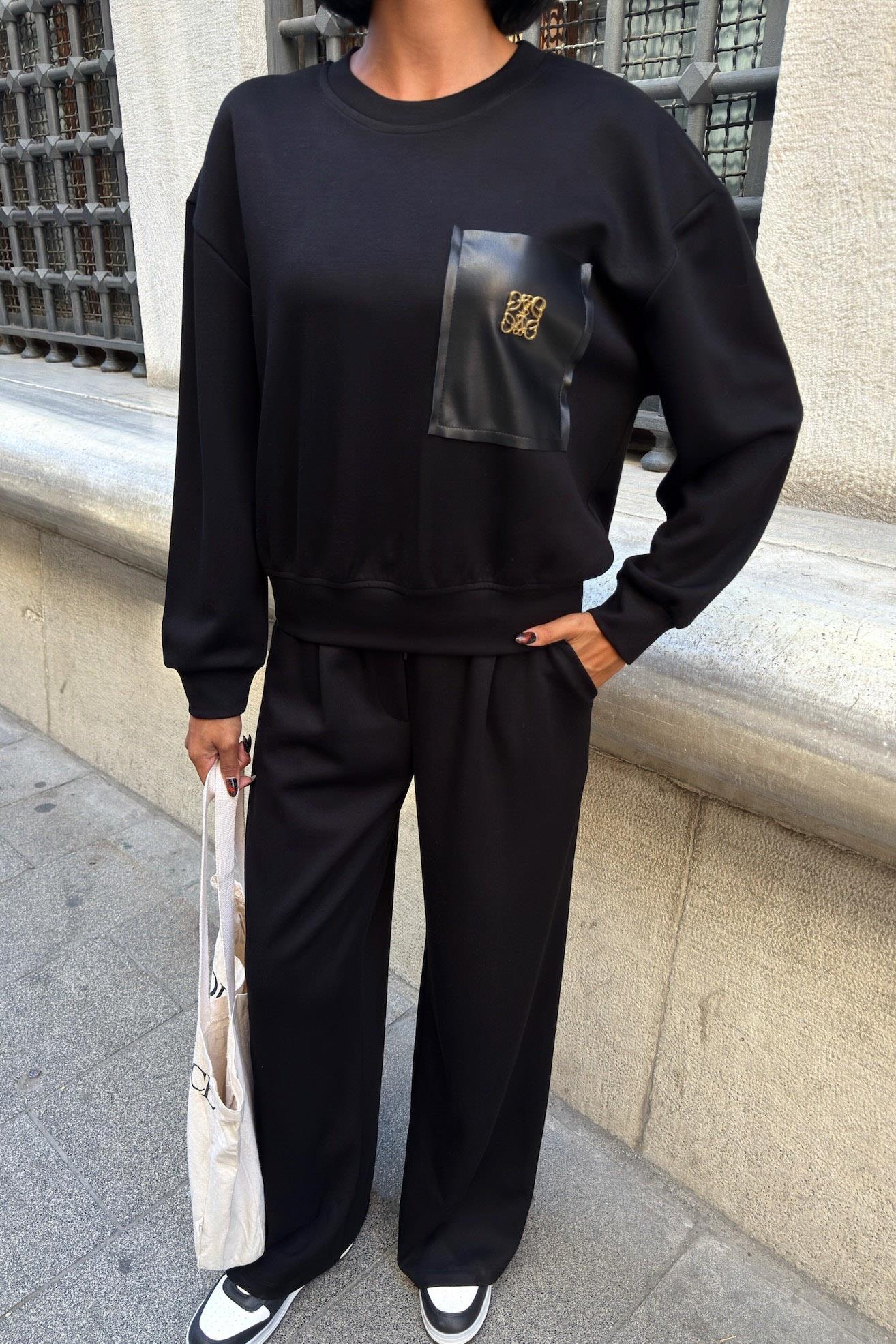 Aksesuarlı Deri Detaylı Şerit Pantolonlu Modal Takım 10241 R4-A-K1