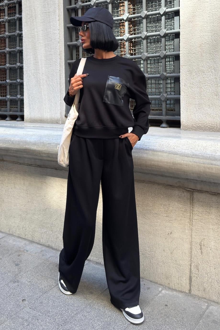 Aksesuarlı Deri Detaylı Şerit Pantolonlu Modal Takım 10241 R4-A-K1