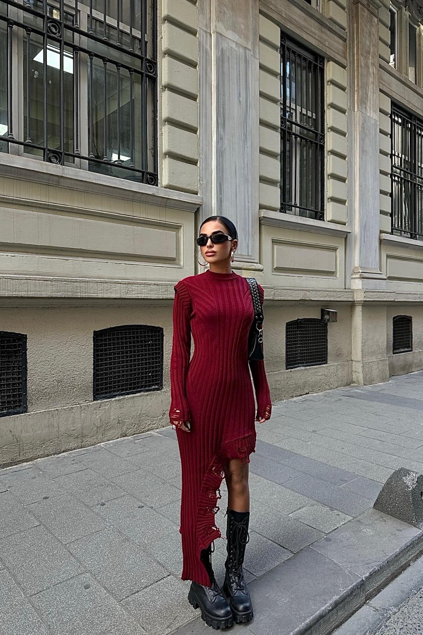 Asimetrik Detaylı Fitilli Triko Elbise 2824 R4-I-K5