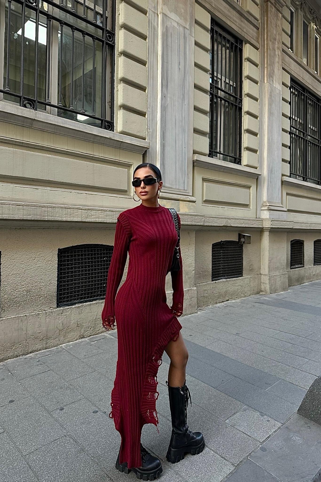 Asimetrik Detaylı Fitilli Triko Elbise 2824 R4-I-K5