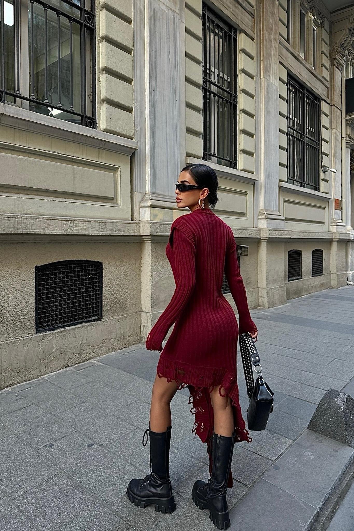 Asimetrik Detaylı Fitilli Triko Elbise 2824 R4-I-K5