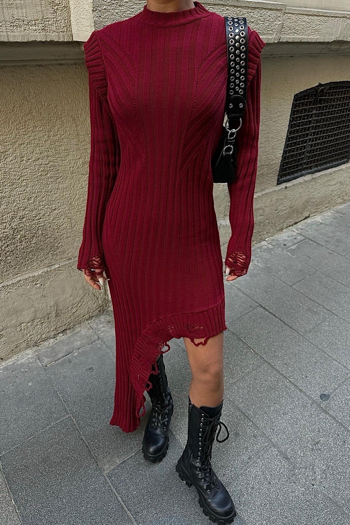 Asimetrik Detaylı Fitilli Triko Elbise 2824 R4-I-K5