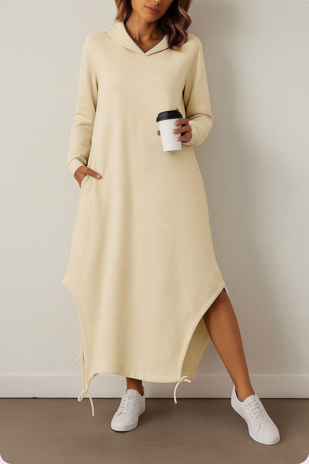 Asimetrik Kesim Kapşonlu Iki Iplik Kumaş Elbise