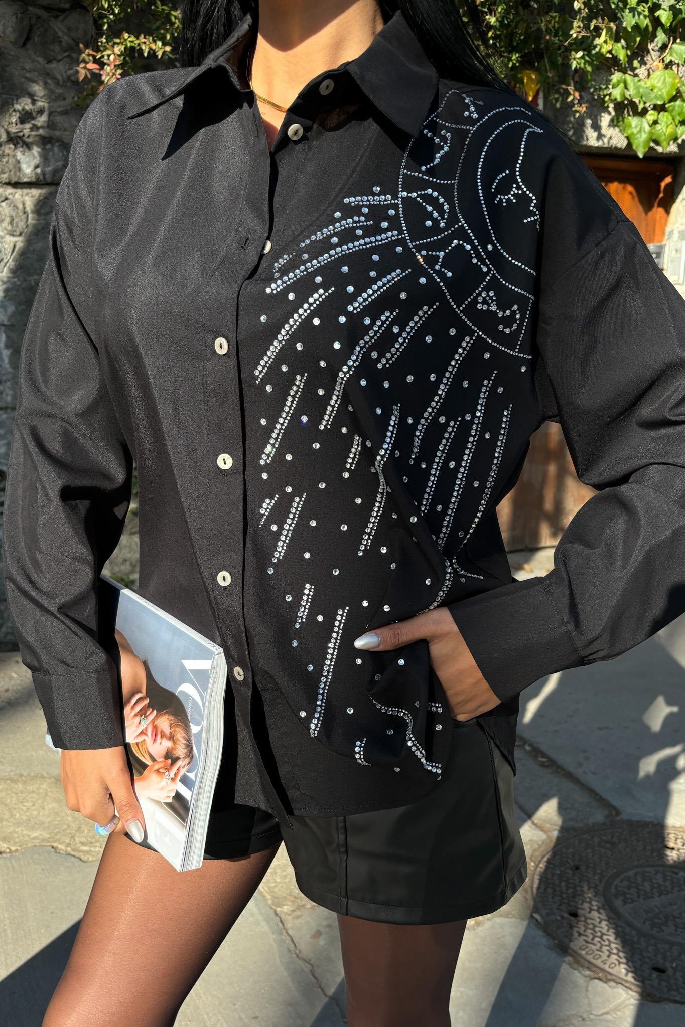 Ay Figürlü Taş İşlemeli Poplin Gömlek 3440 R10-B-K3