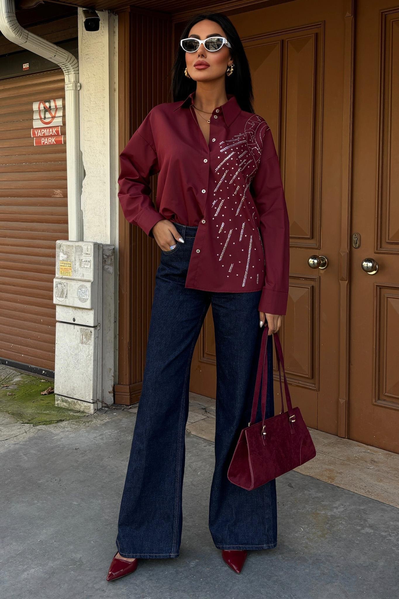 Ay Figürlü Taş İşlemeli Poplin Gömlek 3440 R10-B-K3