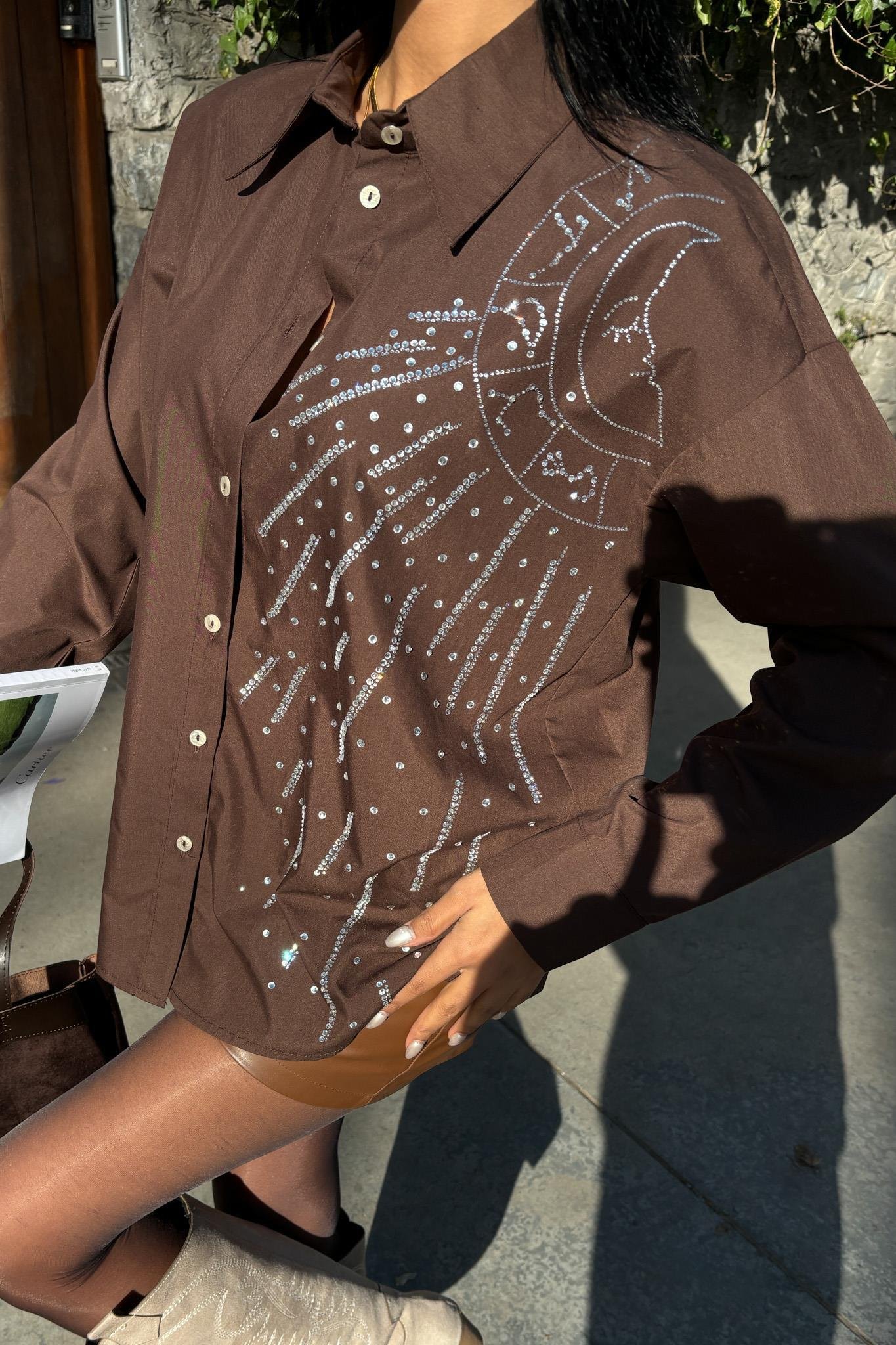 Ay Figürlü Taş İşlemeli Poplin Gömlek 3440 R10-B-K3