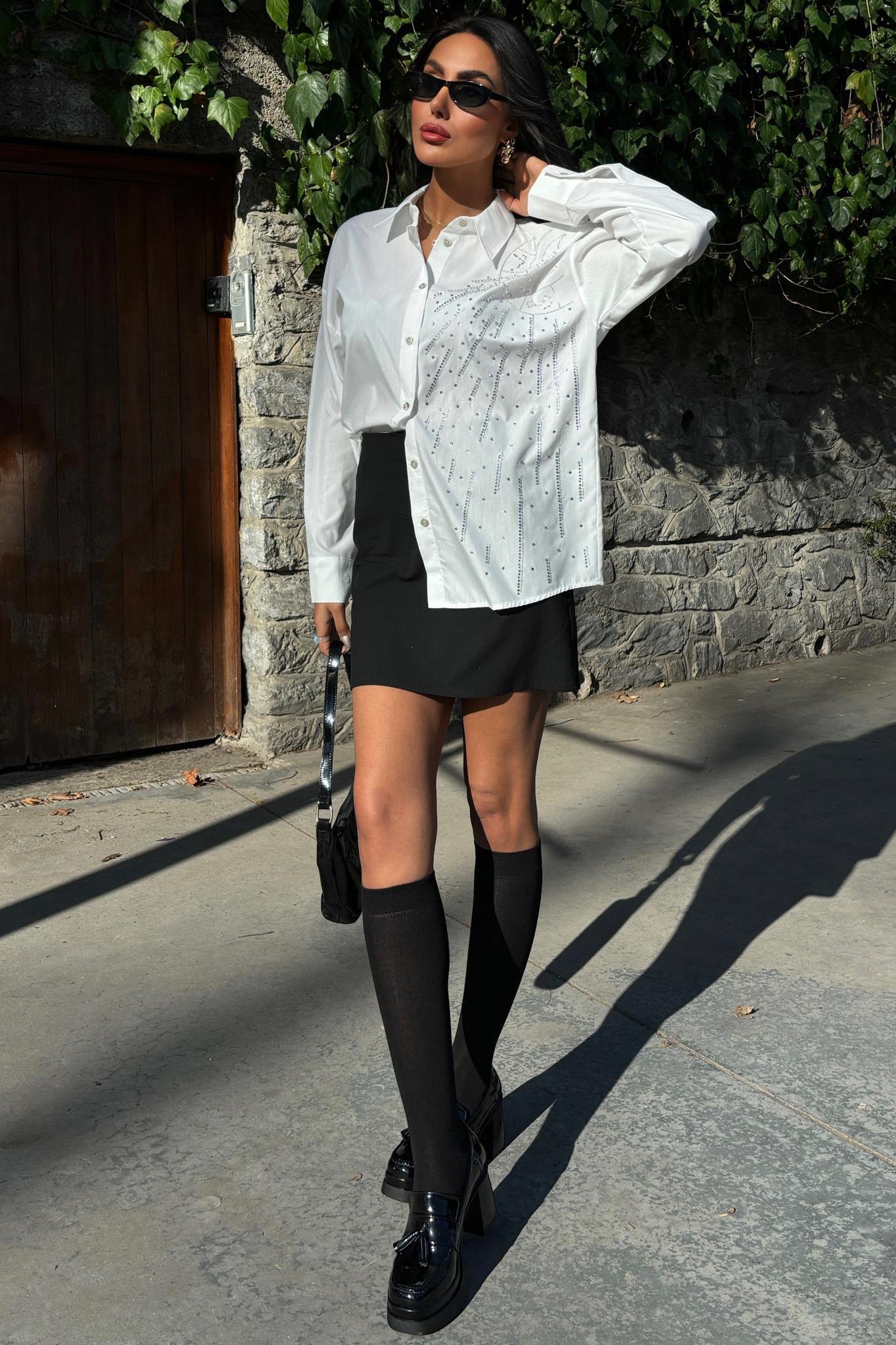 Ay Figürlü Taş İşlemeli Poplin Gömlek 3440 R10-B-K3