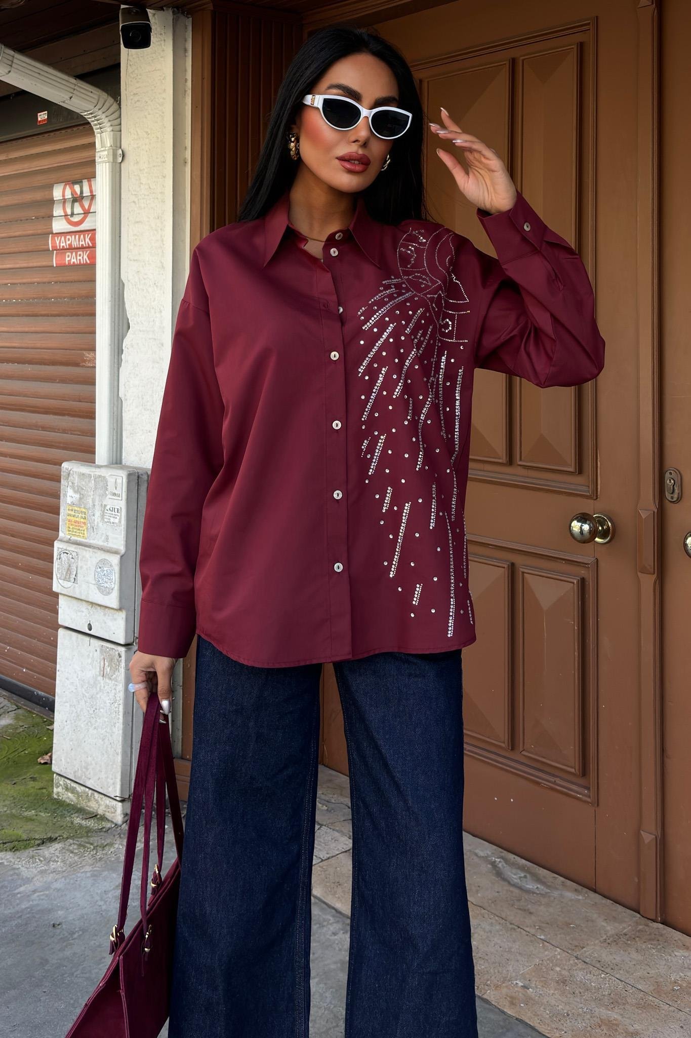 Ay Figürlü Taş İşlemeli Poplin Gömlek 3440 R10-B-K3