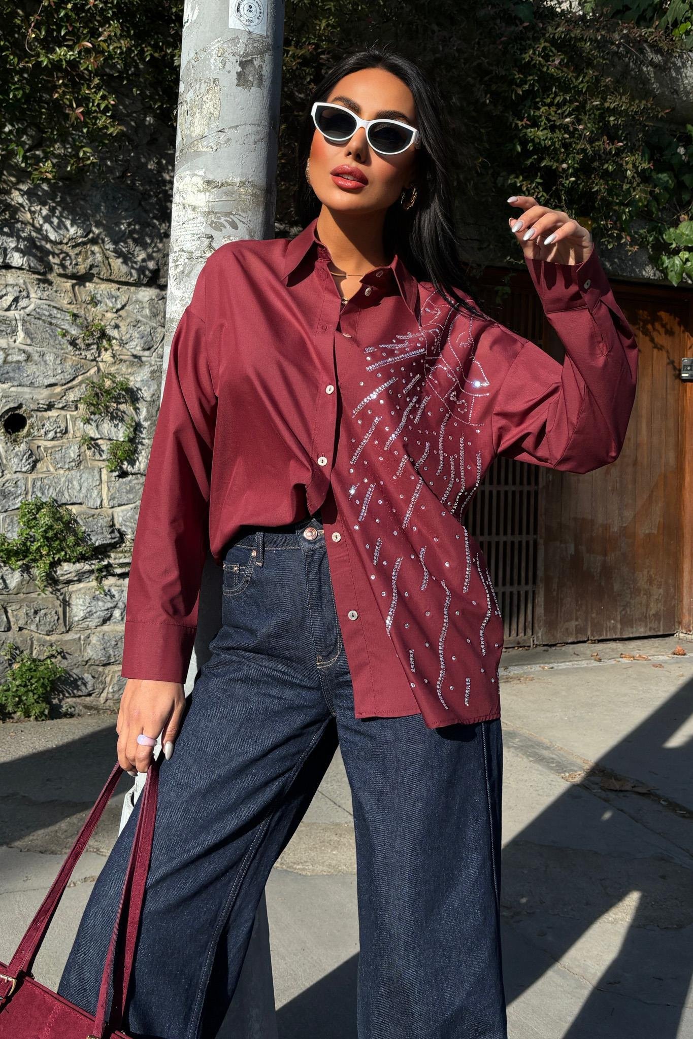 Ay Figürlü Taş İşlemeli Poplin Gömlek 3440 R10-B-K3