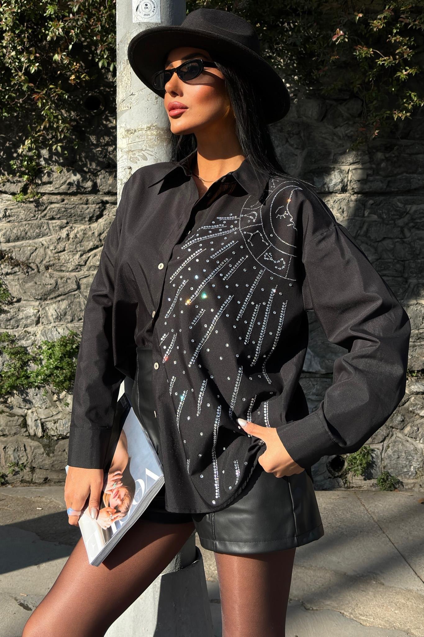 Ay Figürlü Taş İşlemeli Poplin Gömlek 3440 R10-B-K3