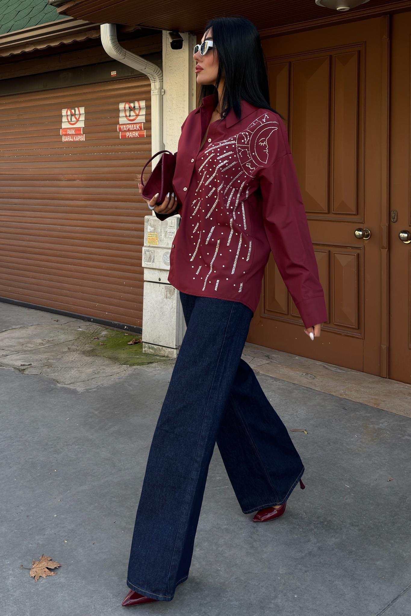 Ay Figürlü Taş İşlemeli Poplin Gömlek 3440 R10-B-K3