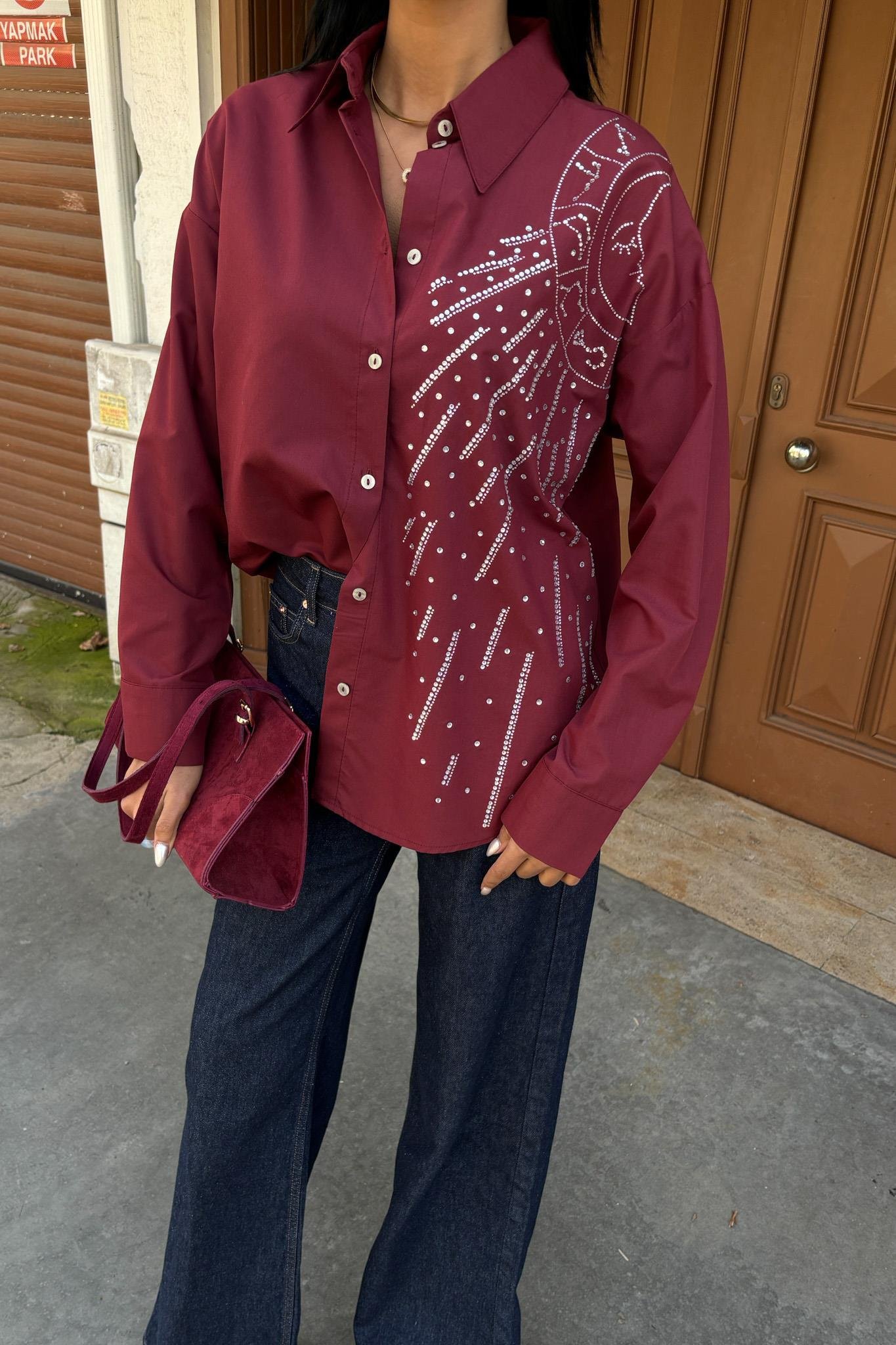 Ay Figürlü Taş İşlemeli Poplin Gömlek 3440 R10-B-K3