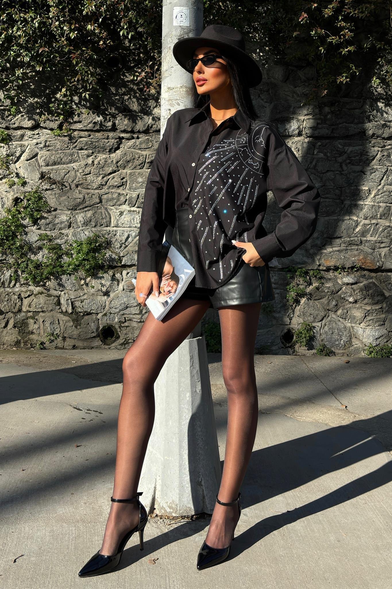 Ay Figürlü Taş İşlemeli Poplin Gömlek 3440 R10-B-K3