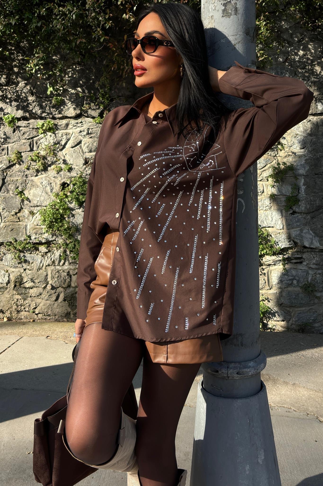 Ay Figürlü Taş İşlemeli Poplin Gömlek 3440 R10-B-K3