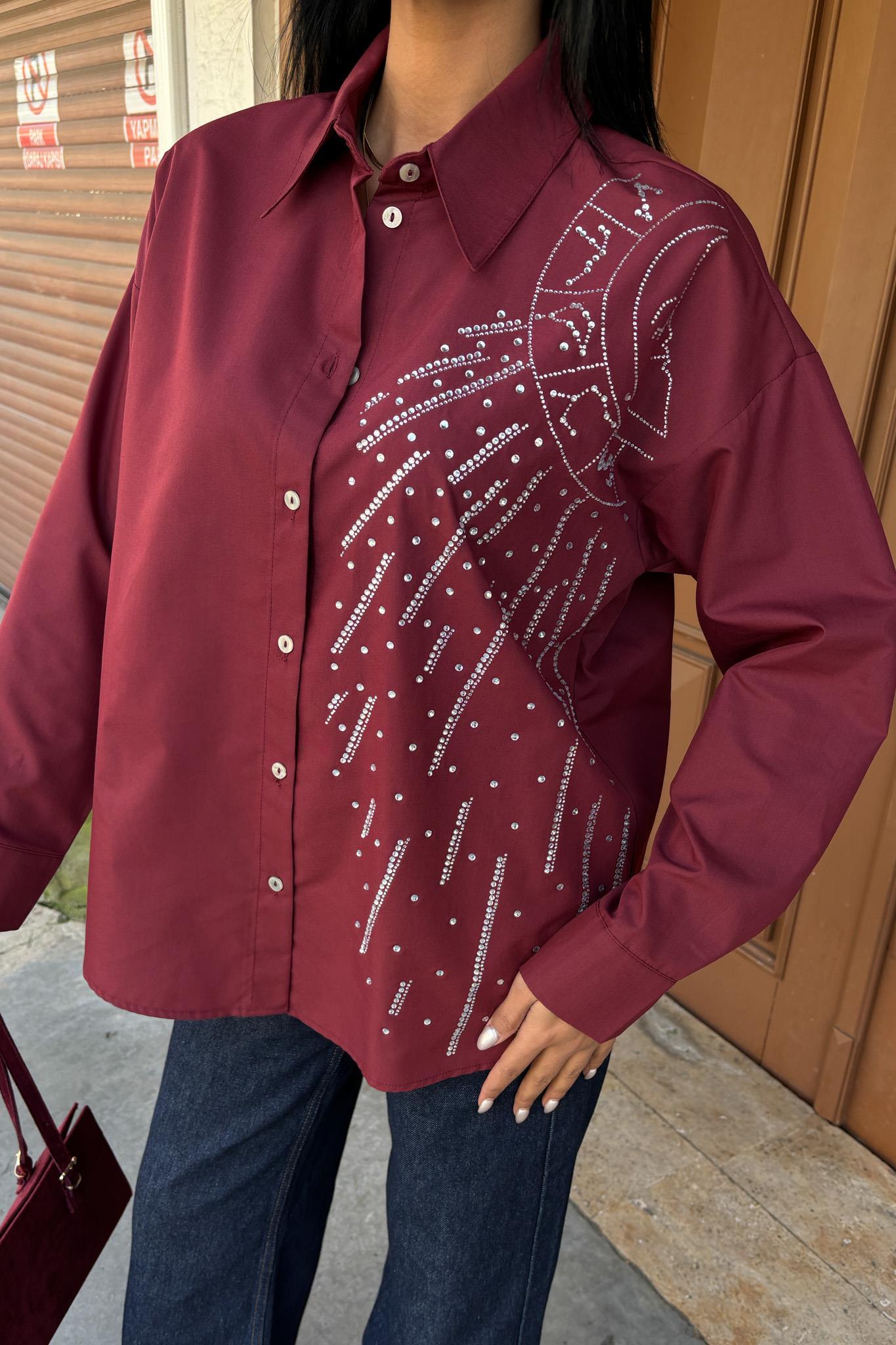 Ay Figürlü Taş İşlemeli Poplin Gömlek 3440 R10-B-K3