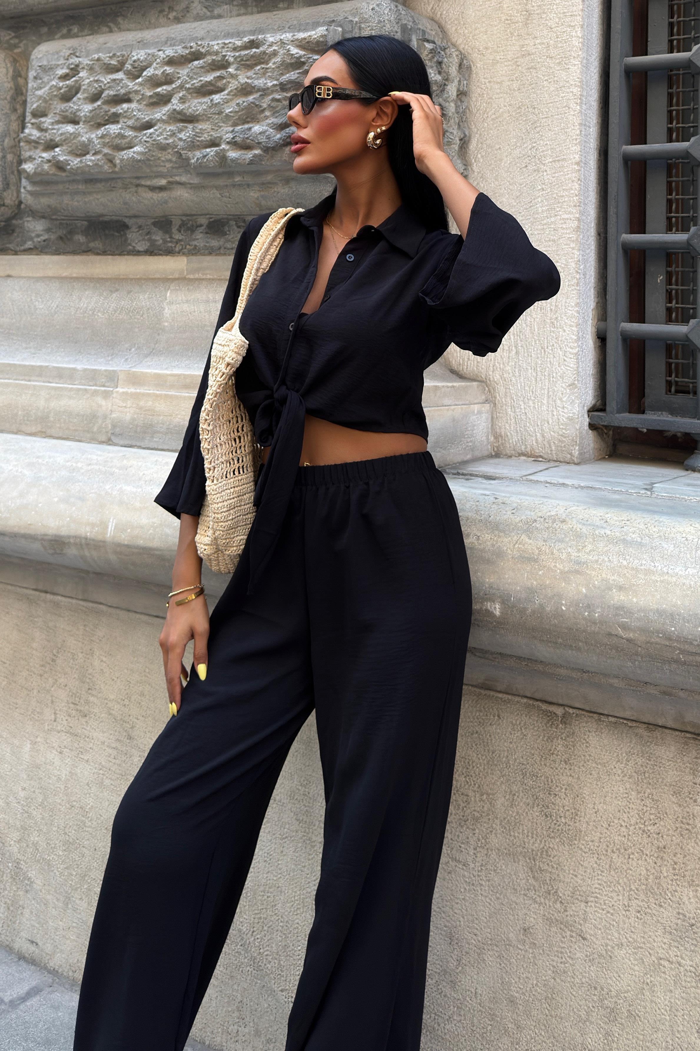 Bağlamalı Gömlek ve Yırtmaç Pantolonlu Ayrobin Takım 10179 R8-J-K3