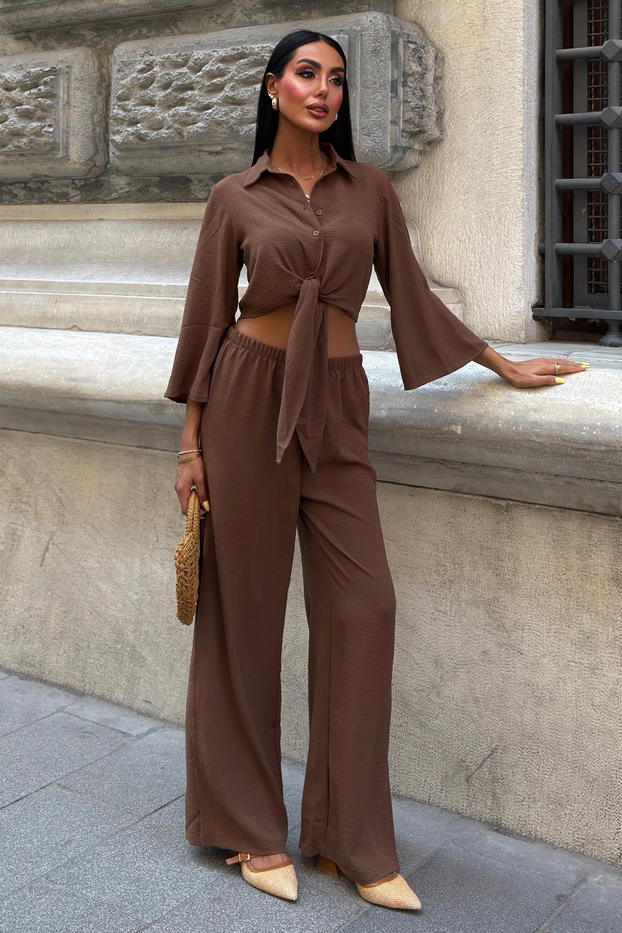 Bağlamalı Gömlek ve Yırtmaç Pantolonlu Ayrobin Takım 10179 R8-J-K3