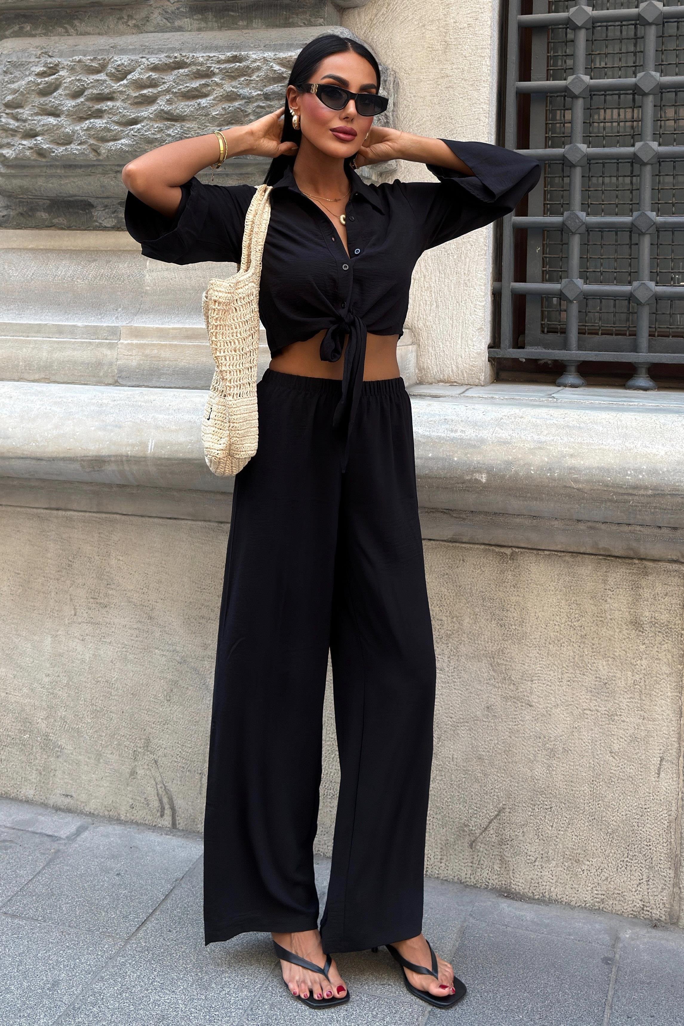 Bağlamalı Gömlek ve Yırtmaç Pantolonlu Ayrobin Takım 10179 R8-J-K3