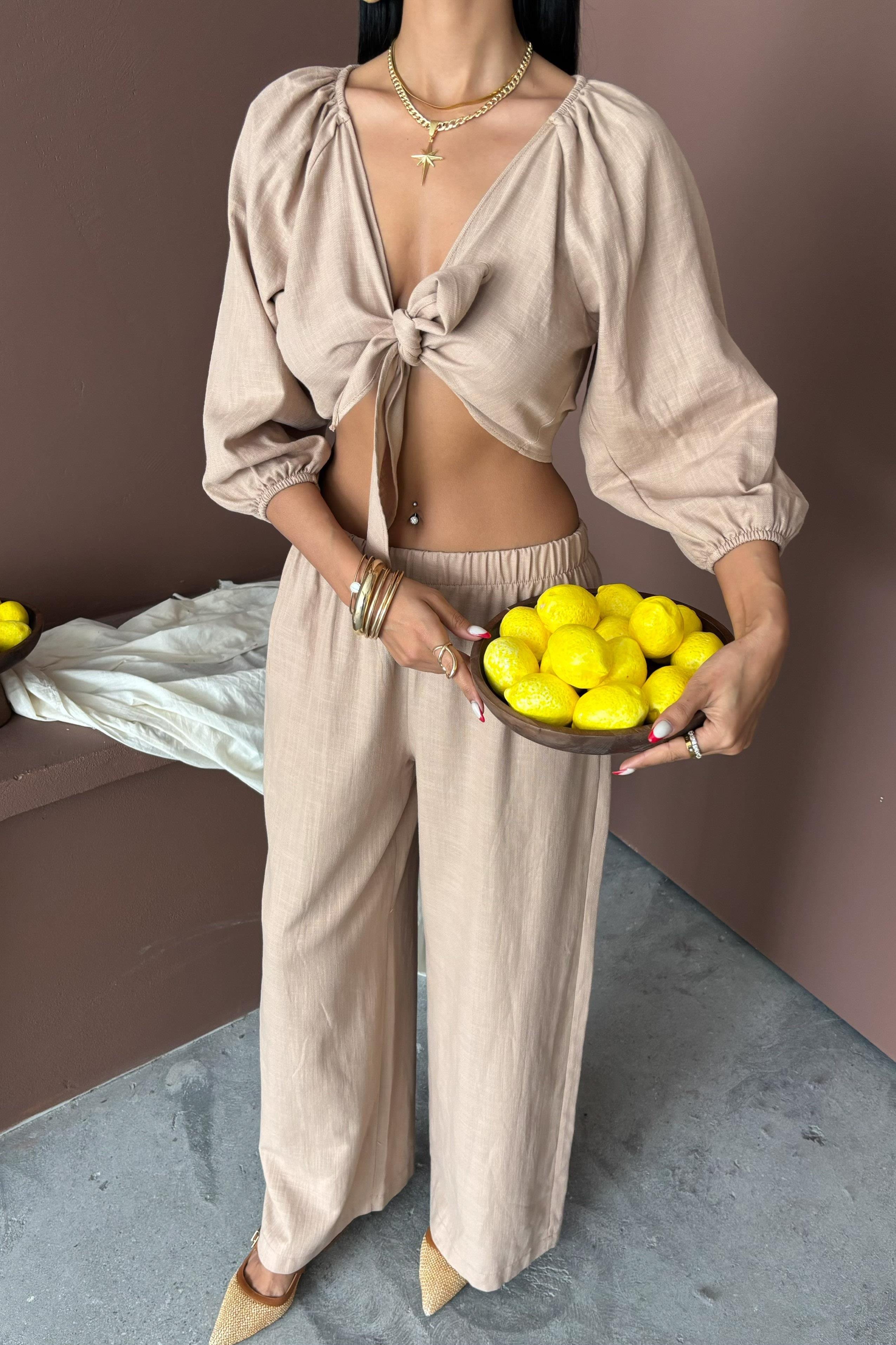 Balon Kollu ve Bağlama Detaylı Keten Takım 10182