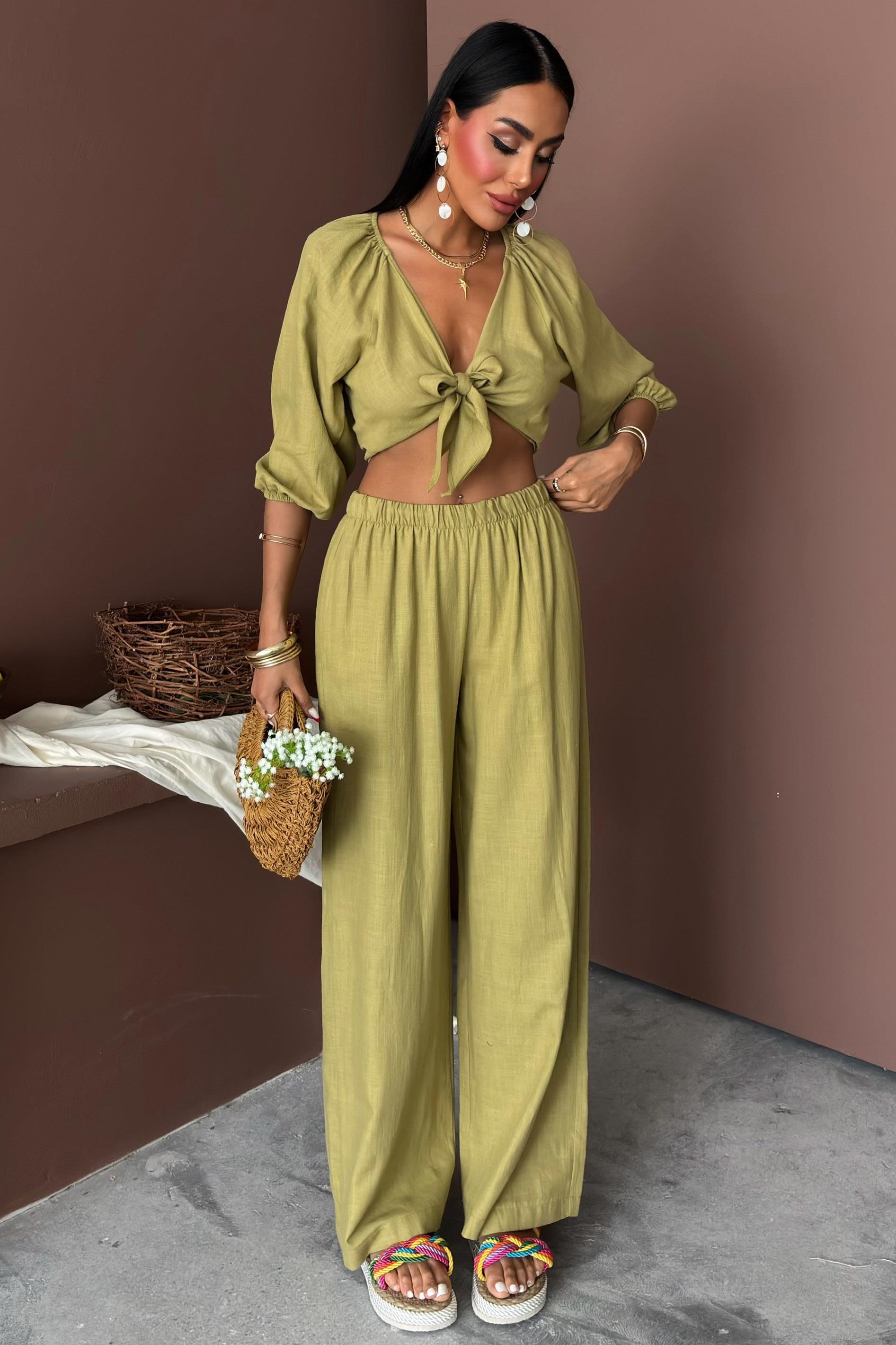 Balon Kollu ve Bağlama Detaylı Keten Takım 10182