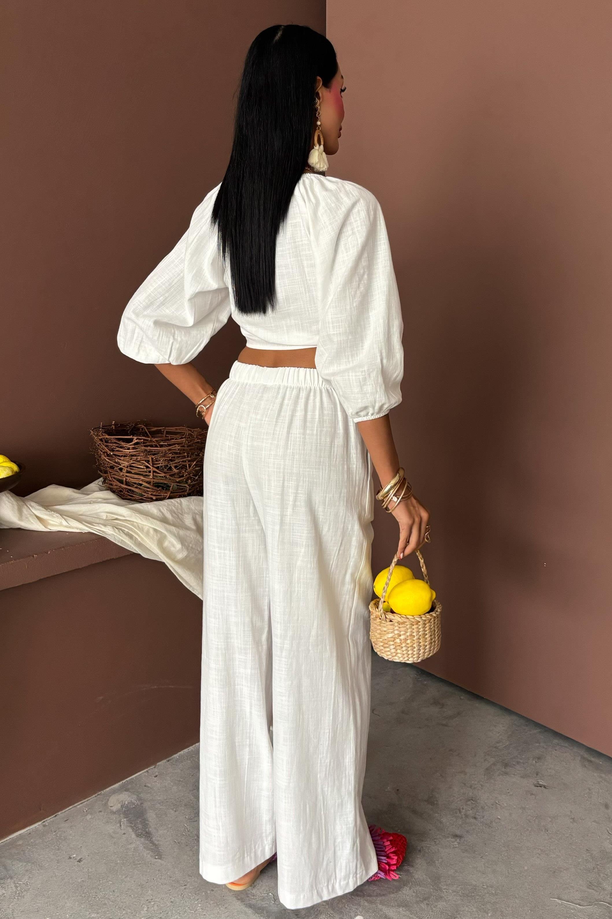 Balon Kollu ve Bağlama Detaylı Keten Takım 10182