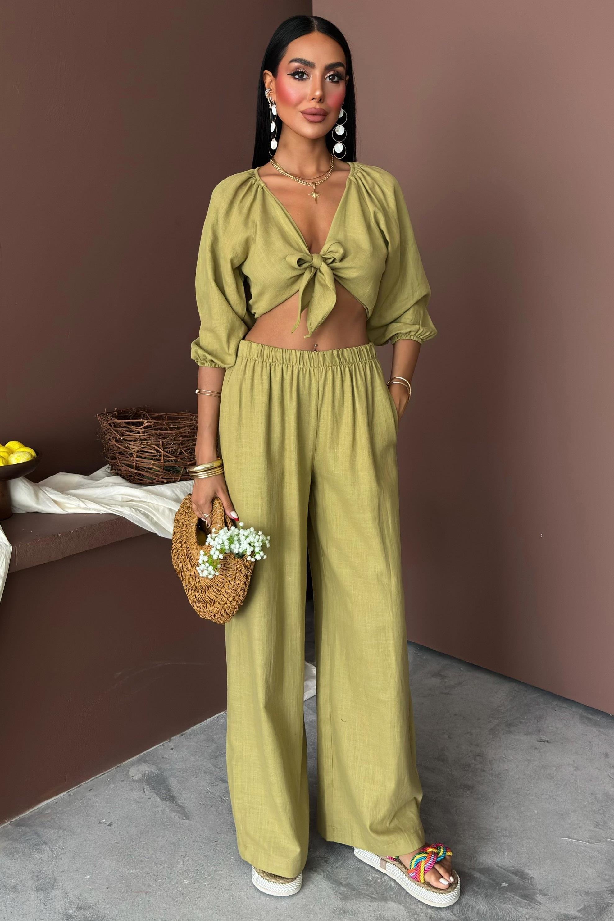 Balon Kollu ve Bağlama Detaylı Keten Takım 10182