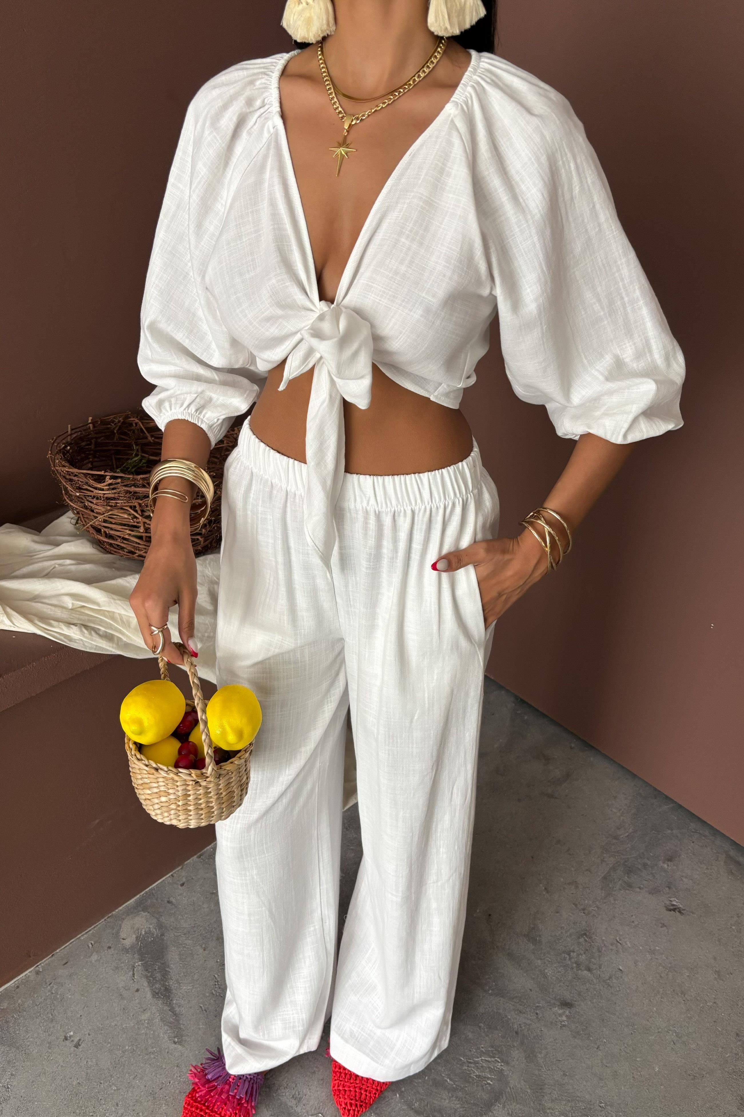 Balon Kollu ve Bağlama Detaylı Keten Takım 10182