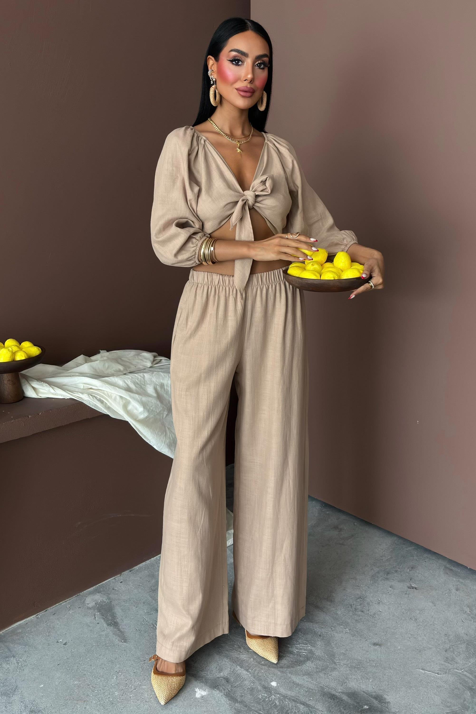 Balon Kollu ve Bağlama Detaylı Keten Takım 10182