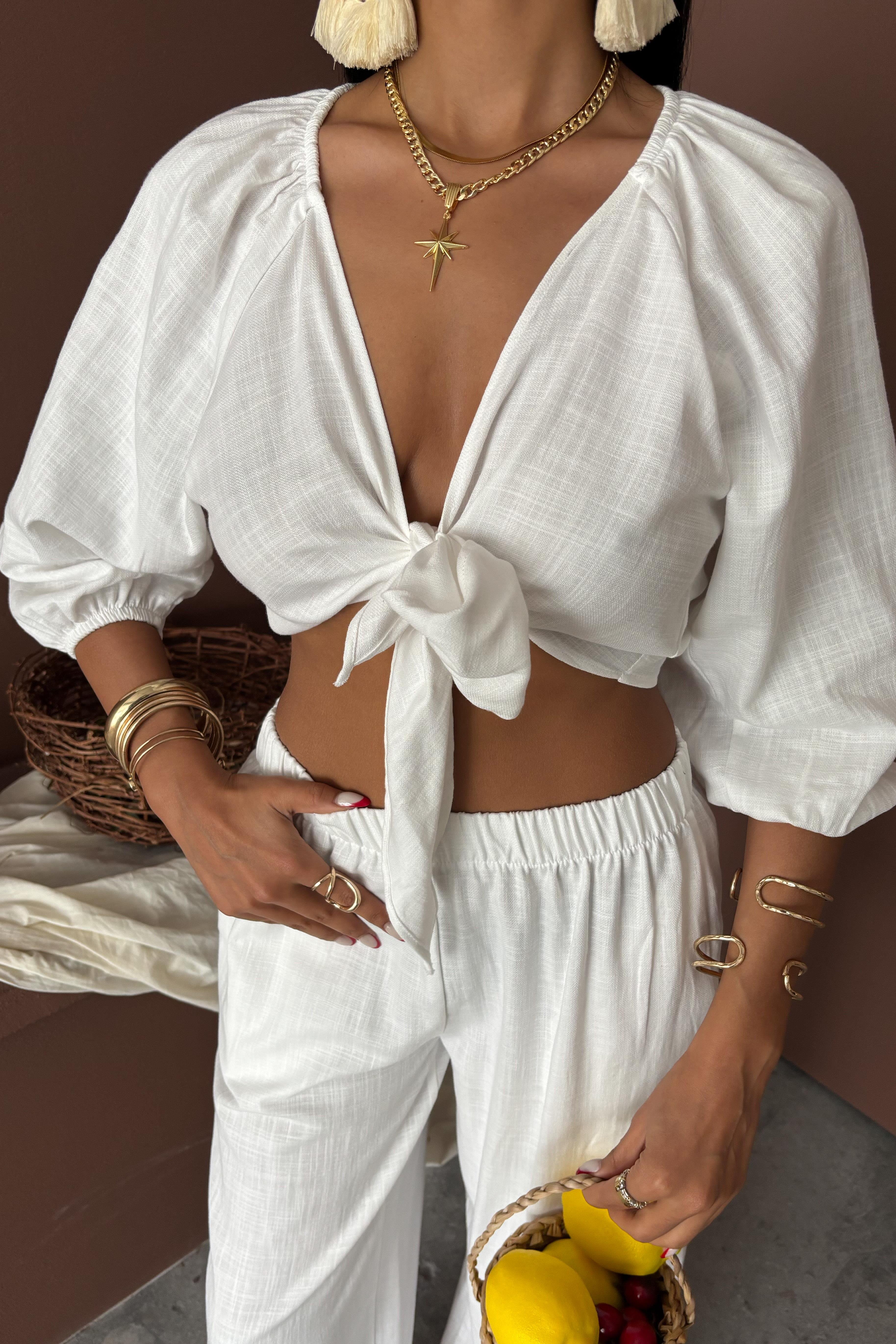 Balon Kollu ve Bağlama Detaylı Keten Takım 10182