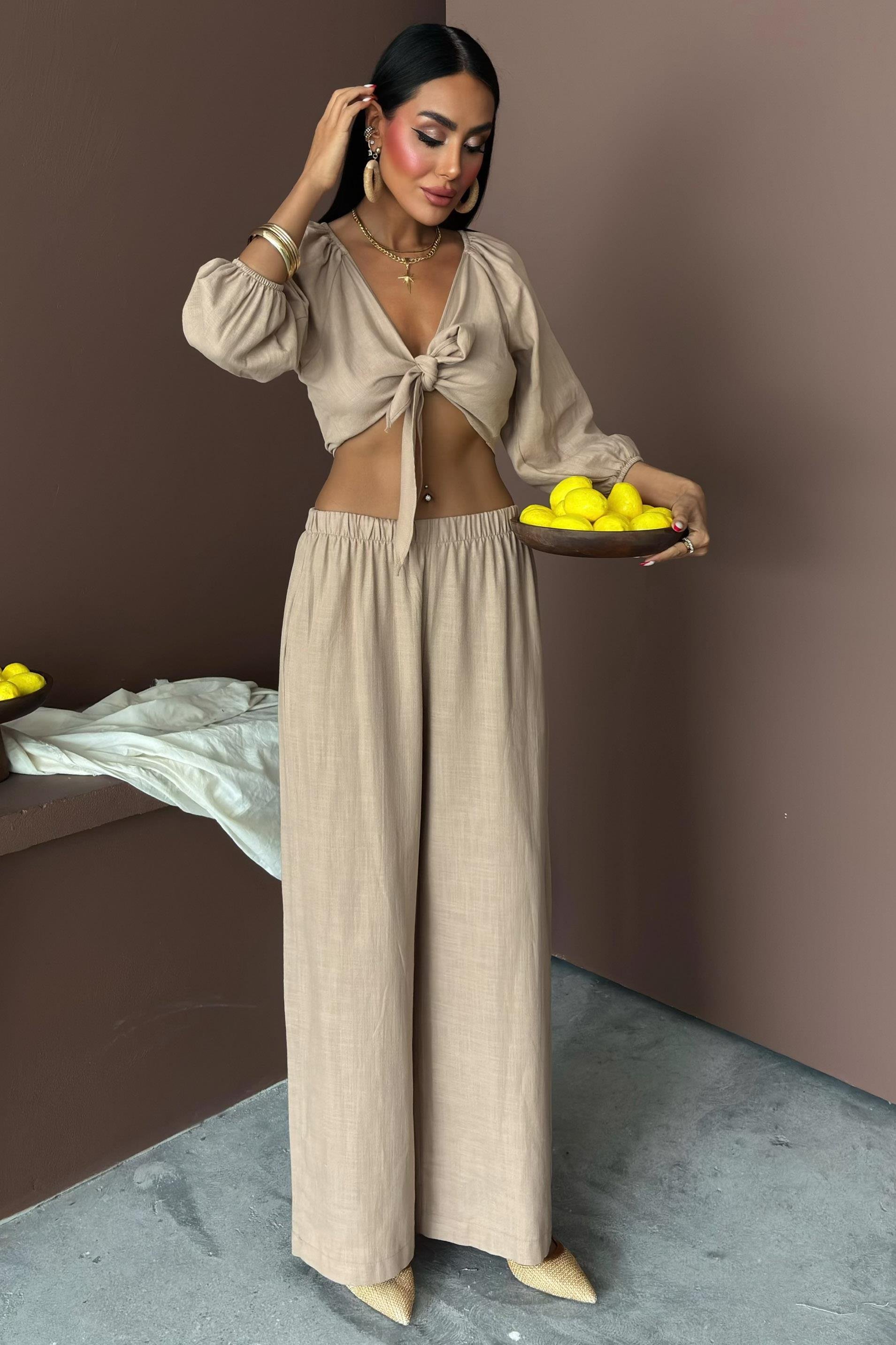 Balon Kollu ve Bağlama Detaylı Keten Takım 10182