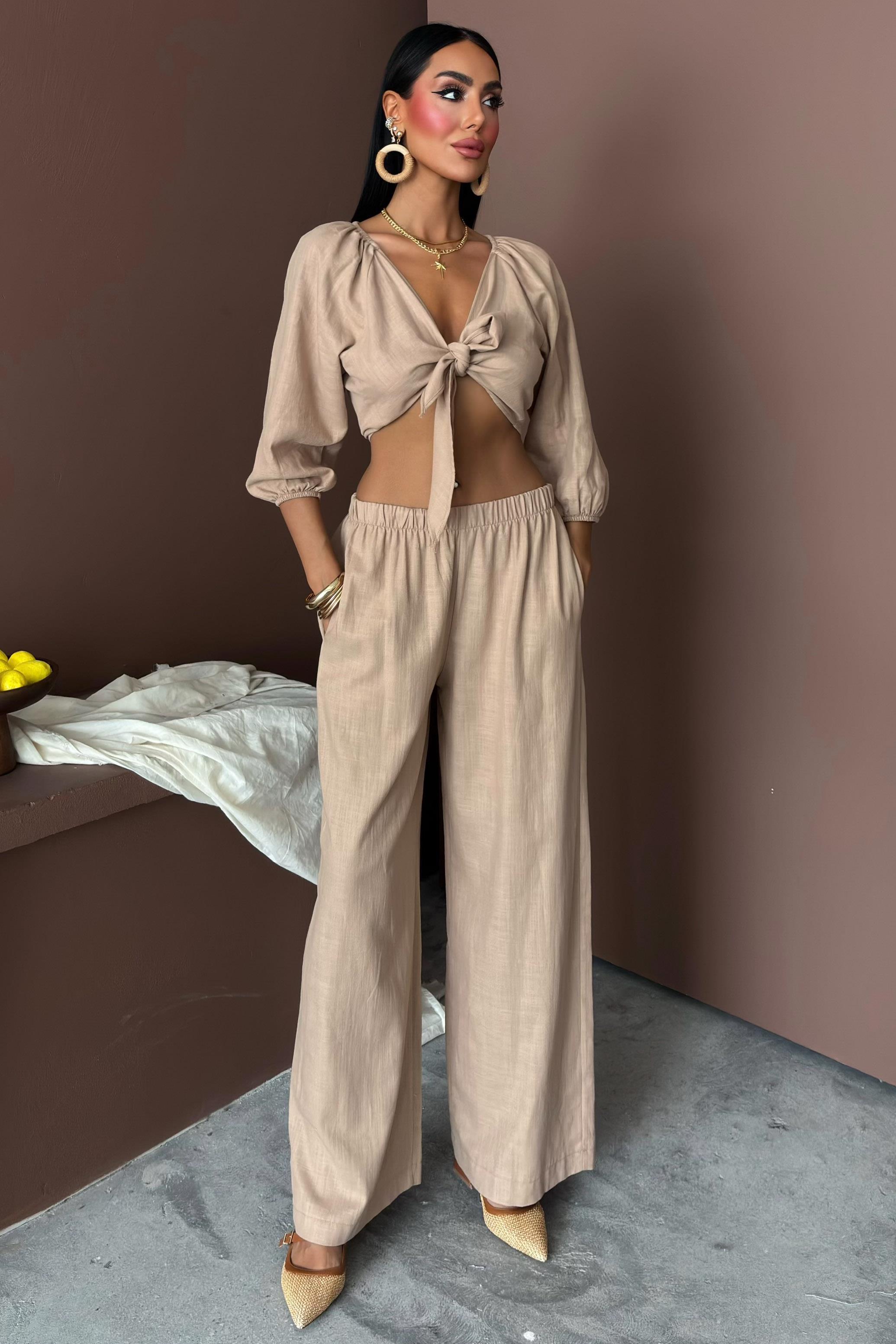 Balon Kollu ve Bağlama Detaylı Keten Takım 10182