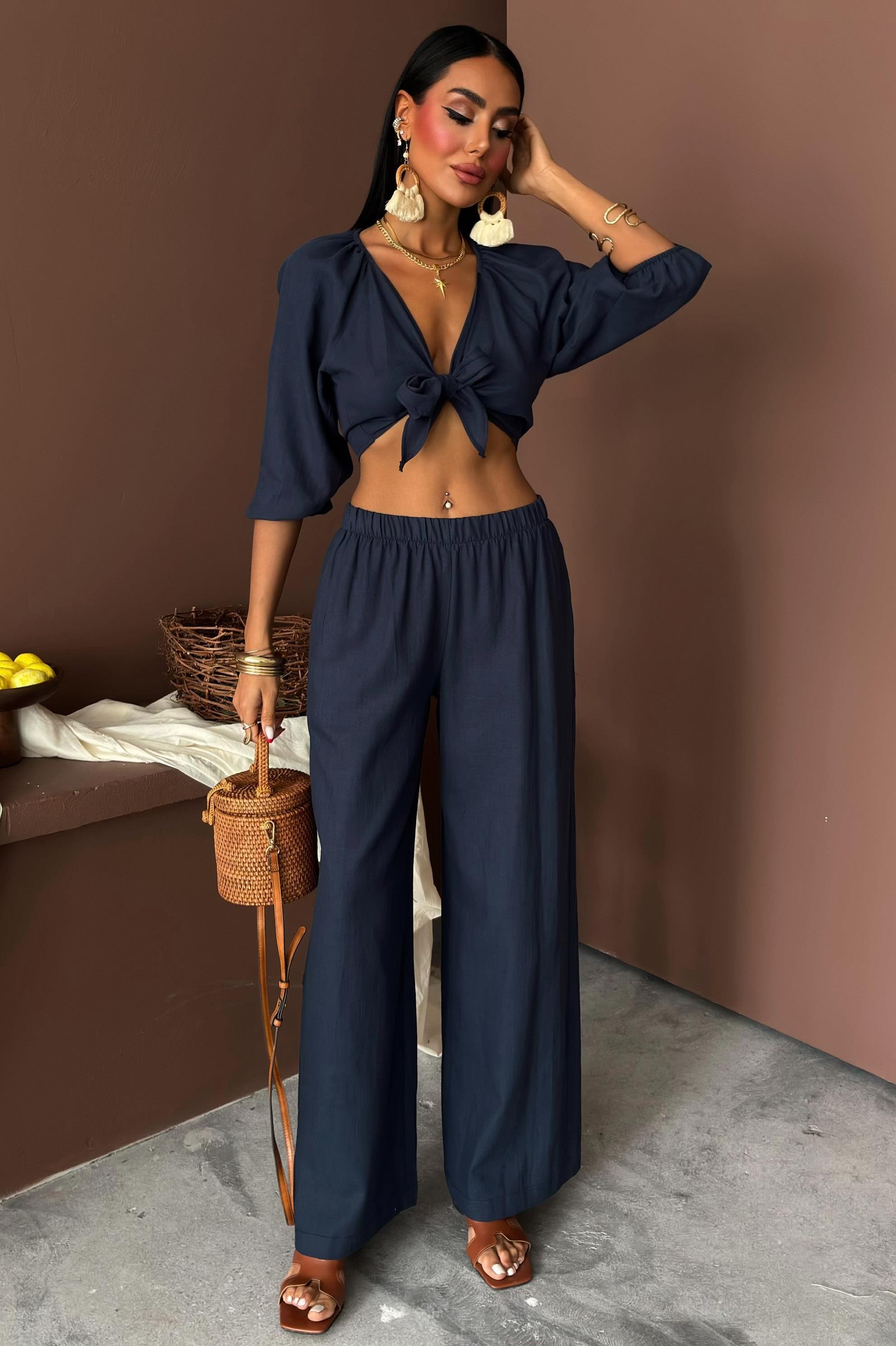 Balon Kollu ve Bağlama Detaylı Keten Takım 10182