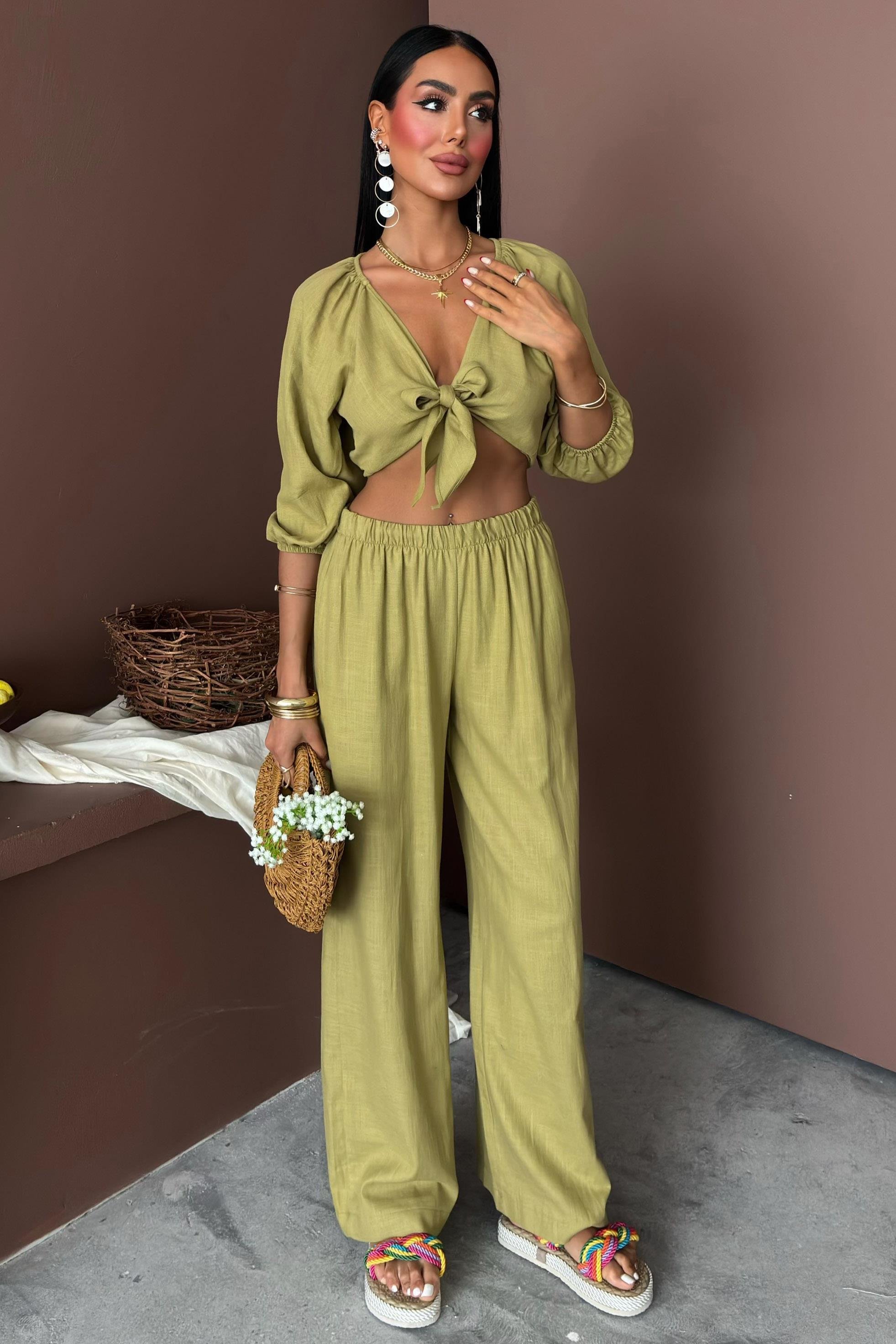 Balon Kollu ve Bağlama Detaylı Keten Takım 10182