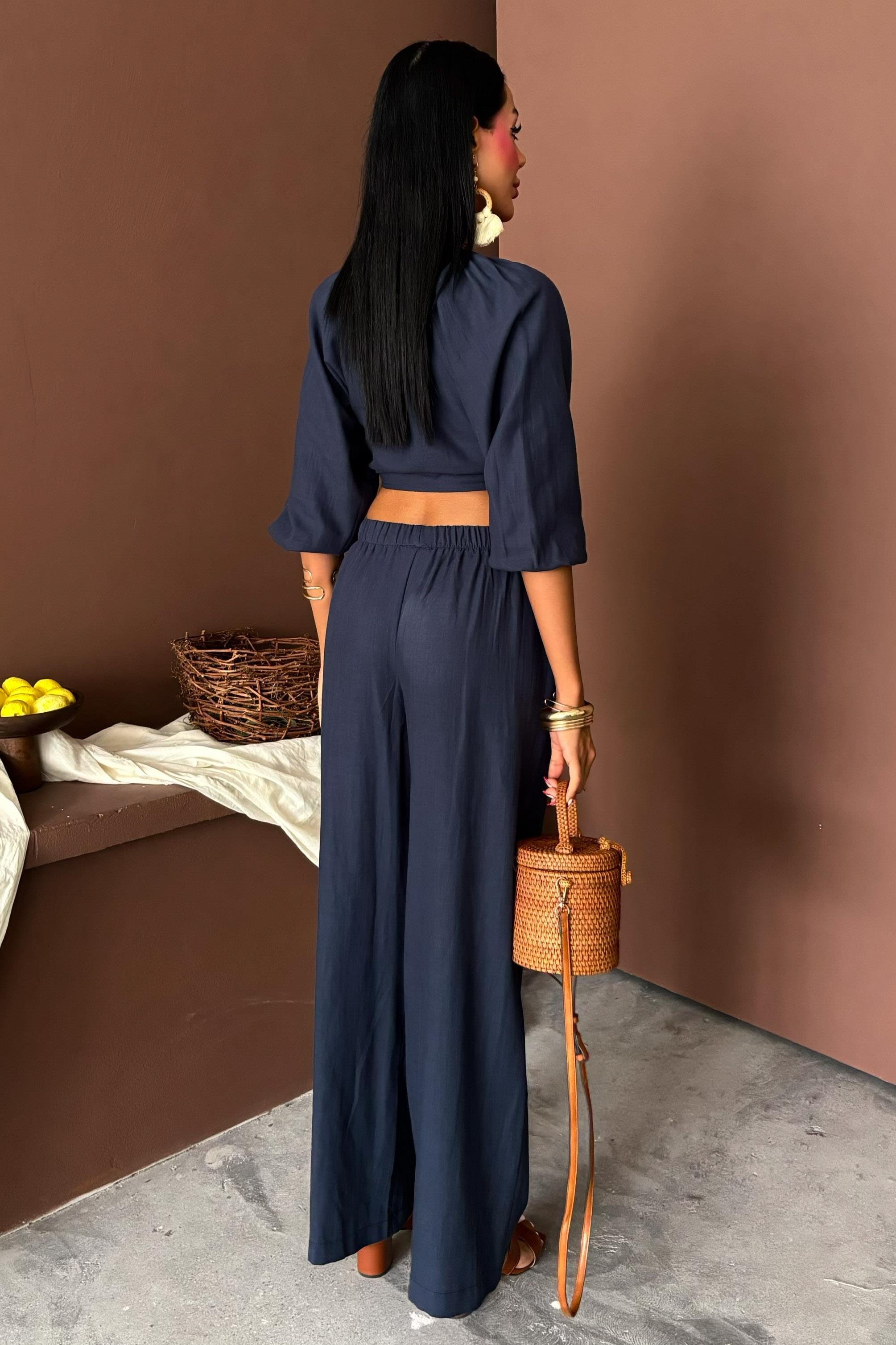 Balon Kollu ve Bağlama Detaylı Keten Takım 10182